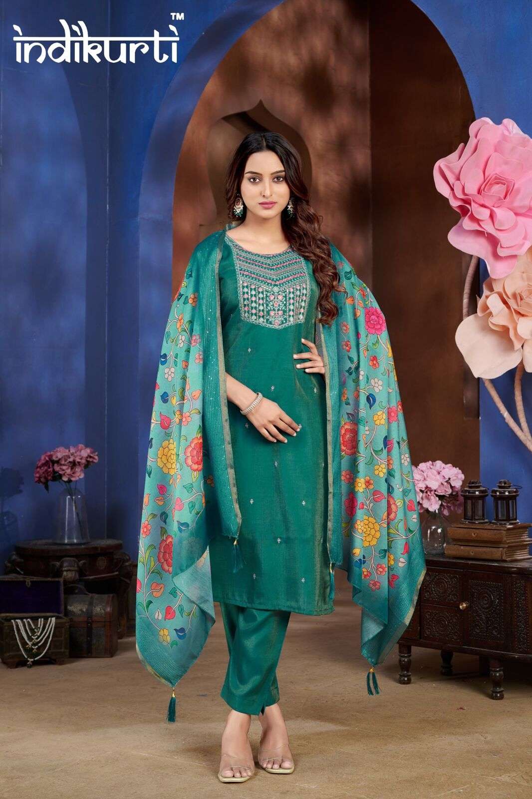 SONIYA BY INDIKURTI IN SHIMMER PV ROMAN WITH HEAVY CHANDERI DIGITAL