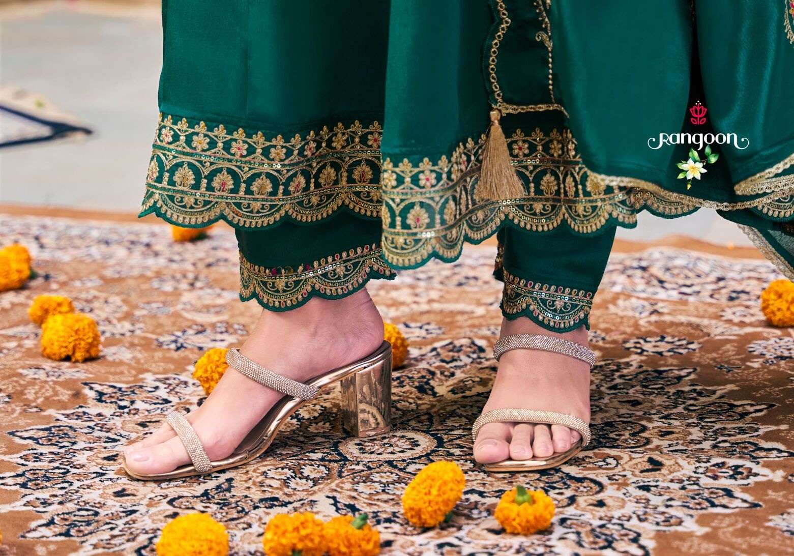 TARANG BY RANGOON IN CHINON SILK WITH KHATRI HANDWORK ANARKALI STYLE