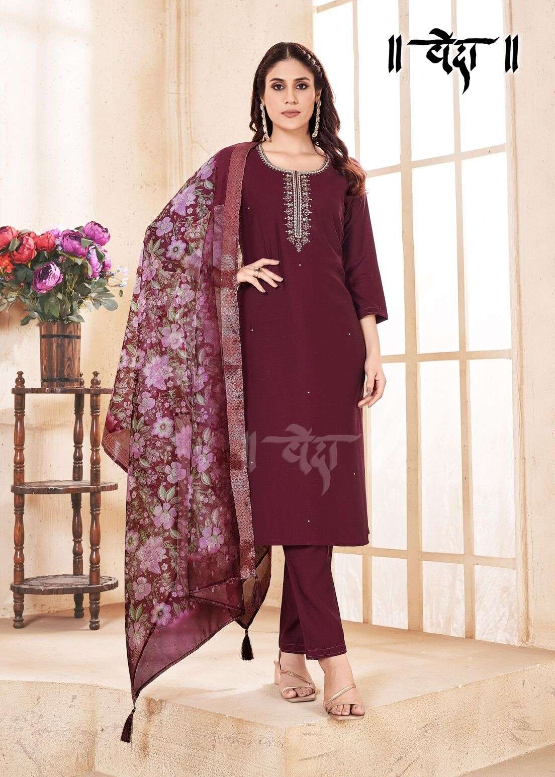 VOL-1 BY VEDA IN FANCY SIMMER FABRIC AND COTTON INAR WITH STRAIGHT CUT PANT