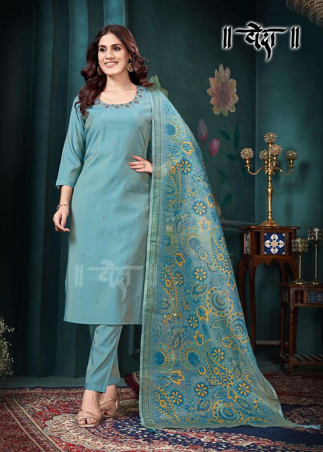 VOL-1 BY VEDA IN FANCY SIMMER FABRIC AND COTTON INAR WITH STRAIGHT CUT PANT