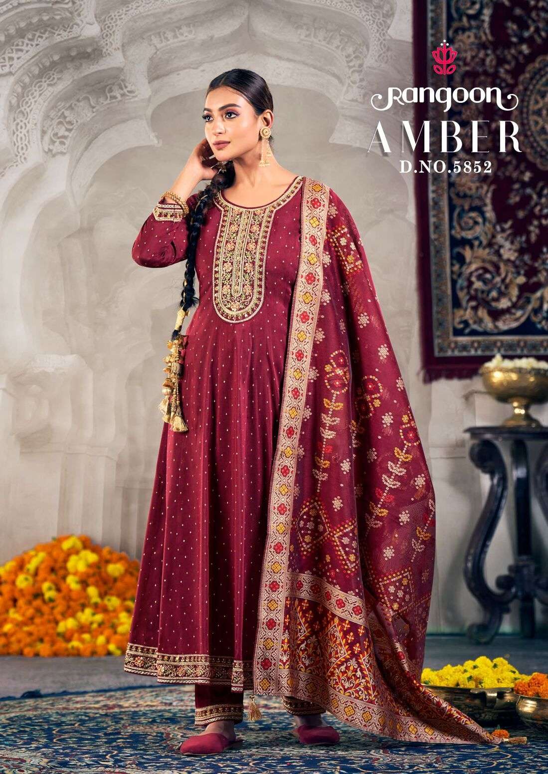 AMBER BY RANGOON IN DYED JACQUARD WITH KHATRIWORK NECK AND COTTON MAL INNER ANARKALI STYLE