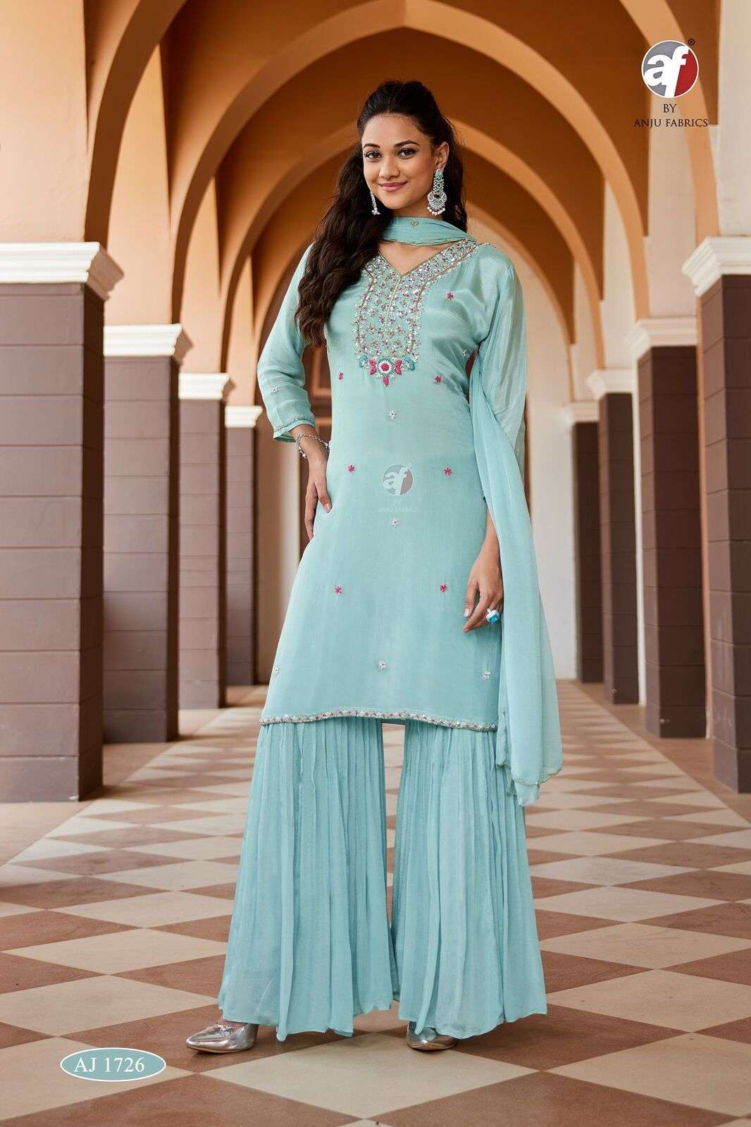 D.NO:- AJ 1726 BY ANJU FABRICS IN PURE CHINON CHIFFON SHORT KURTI WITH SHARARA & DUPATTA