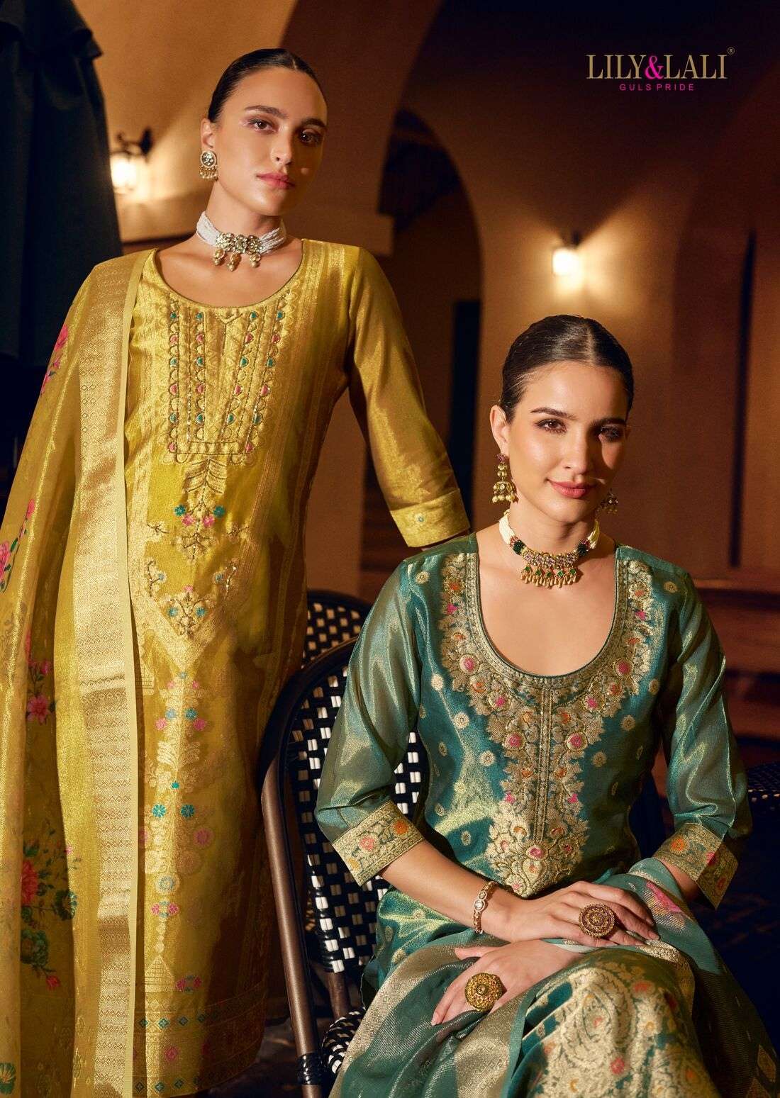 FARIDAN VOL-2 BY LILY & LALI SIMAR JACQUARD JARI SILK EXCLUSIVE HANDWORK KURTI PANT & DUPATTA 