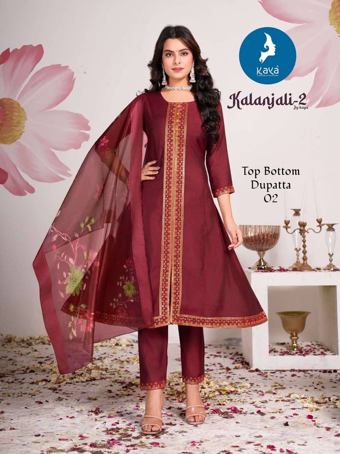 KALANJALI BY KAYA KURTI IN ROMAN SILK WITH SOFT ORGANZA DIGITAL PRINT DUPATTA