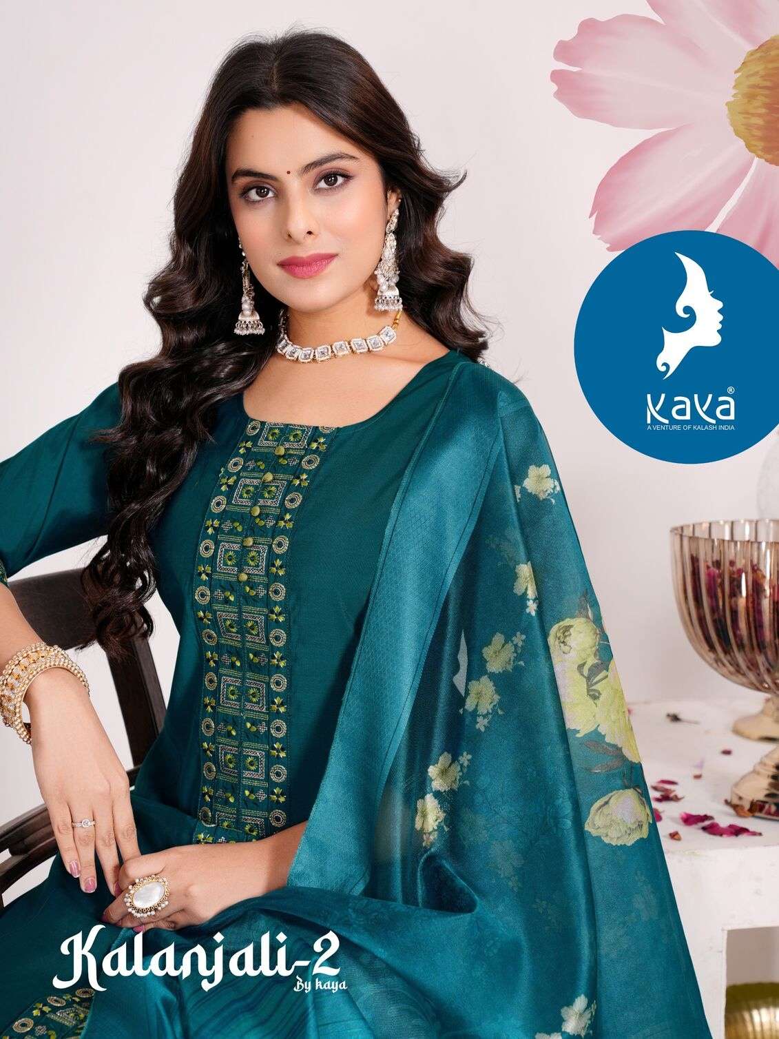 KALANJALI BY KAYA KURTI IN ROMAN SILK WITH SOFT ORGANZA DIGITAL PRINT DUPATTA