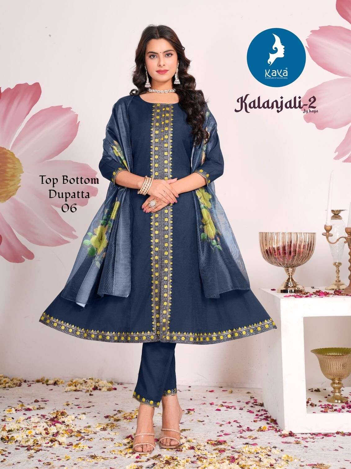 KALANJALI BY KAYA KURTI IN ROMAN SILK WITH SOFT ORGANZA DIGITAL PRINT DUPATTA