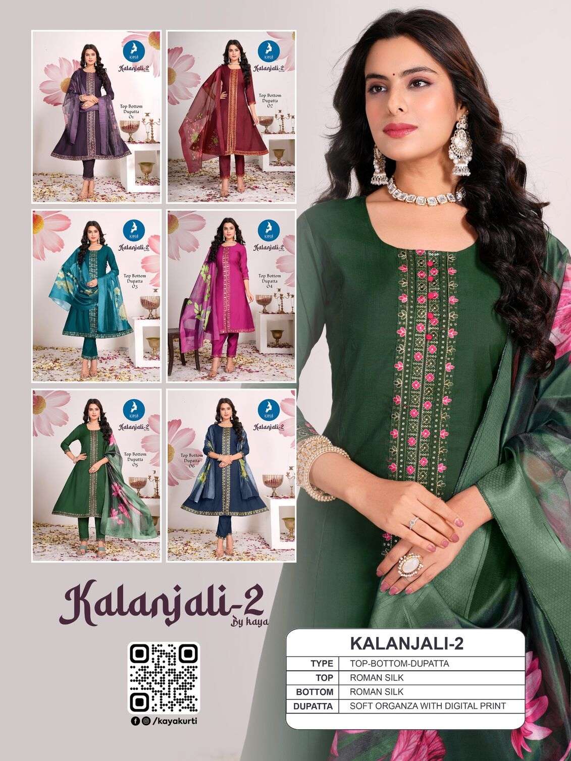 KALANJALI BY KAYA KURTI IN ROMAN SILK WITH SOFT ORGANZA DIGITAL PRINT DUPATTA