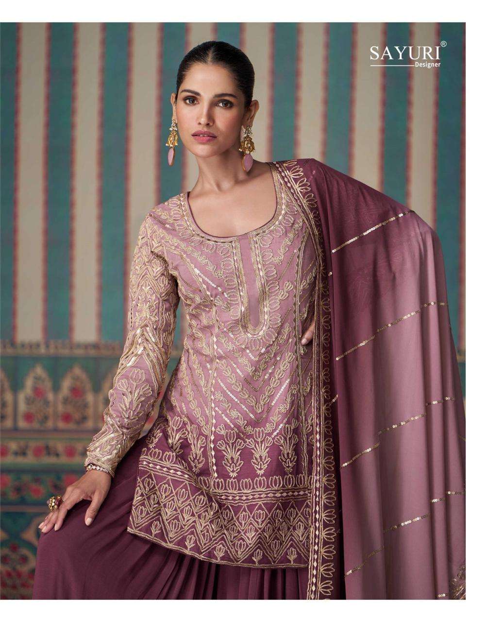 NIKHAAR BY SAYURI DESIGNER IN PREMIUM REAL GEROGETTE HEAVY EMBROIDERED TOP WITH SHARARA 