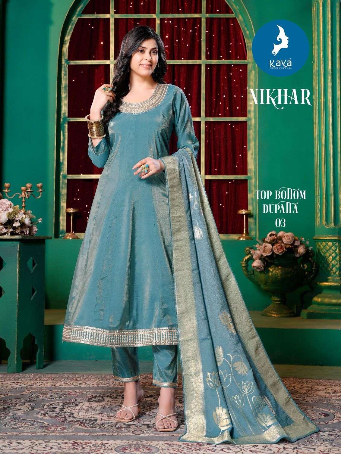 NIKHAR BY KAYA KURTI IN ROMN SHIMMER 3 PIECE ANARKALI WITH WORK CONCEPT