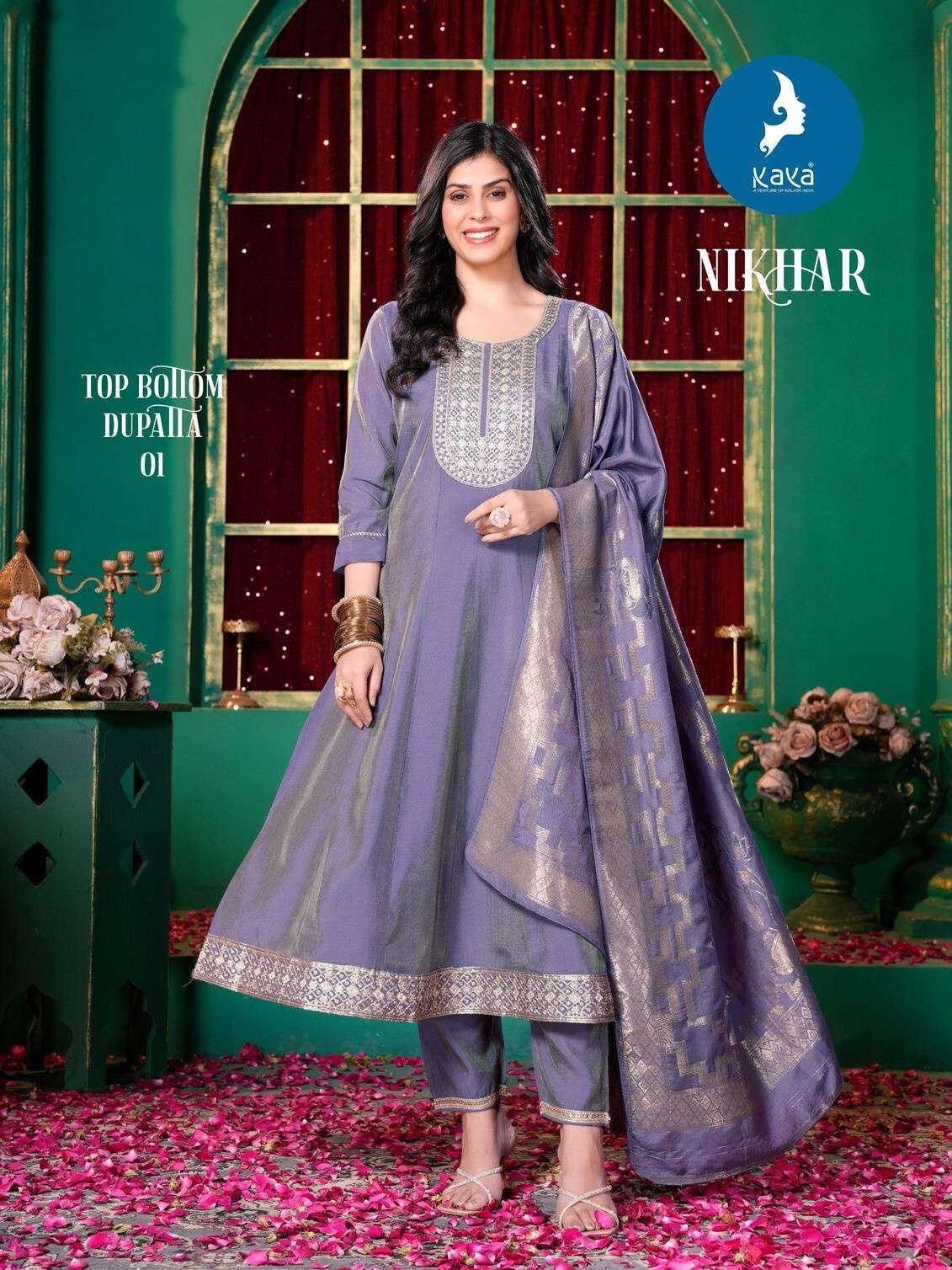 NIKHAR BY KAYA KURTI IN ROMN SHIMMER 3 PIECE ANARKALI WITH WORK CONCEPT