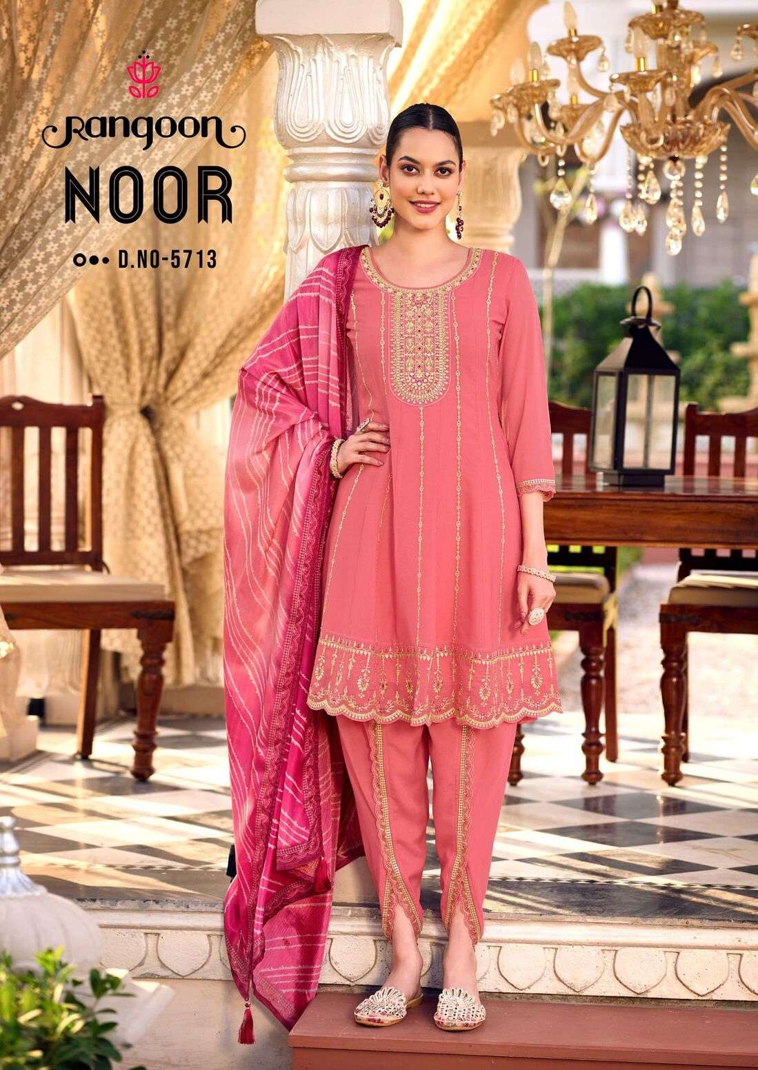 NOOR BY RANGOON IN GEORGETTE TULIP STYLE FANCY WORK KALI & KHATI HANDWORK MIRROR & FILL INNER