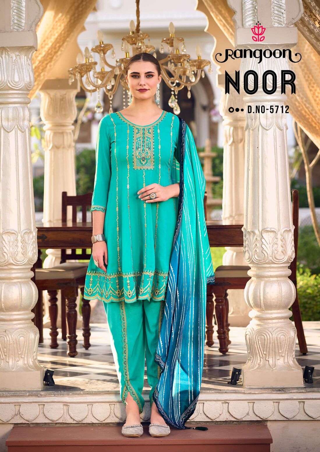 NOOR BY RANGOON IN GEORGETTE TULIP STYLE FANCY WORK KALI & KHATI HANDWORK MIRROR & FILL INNER