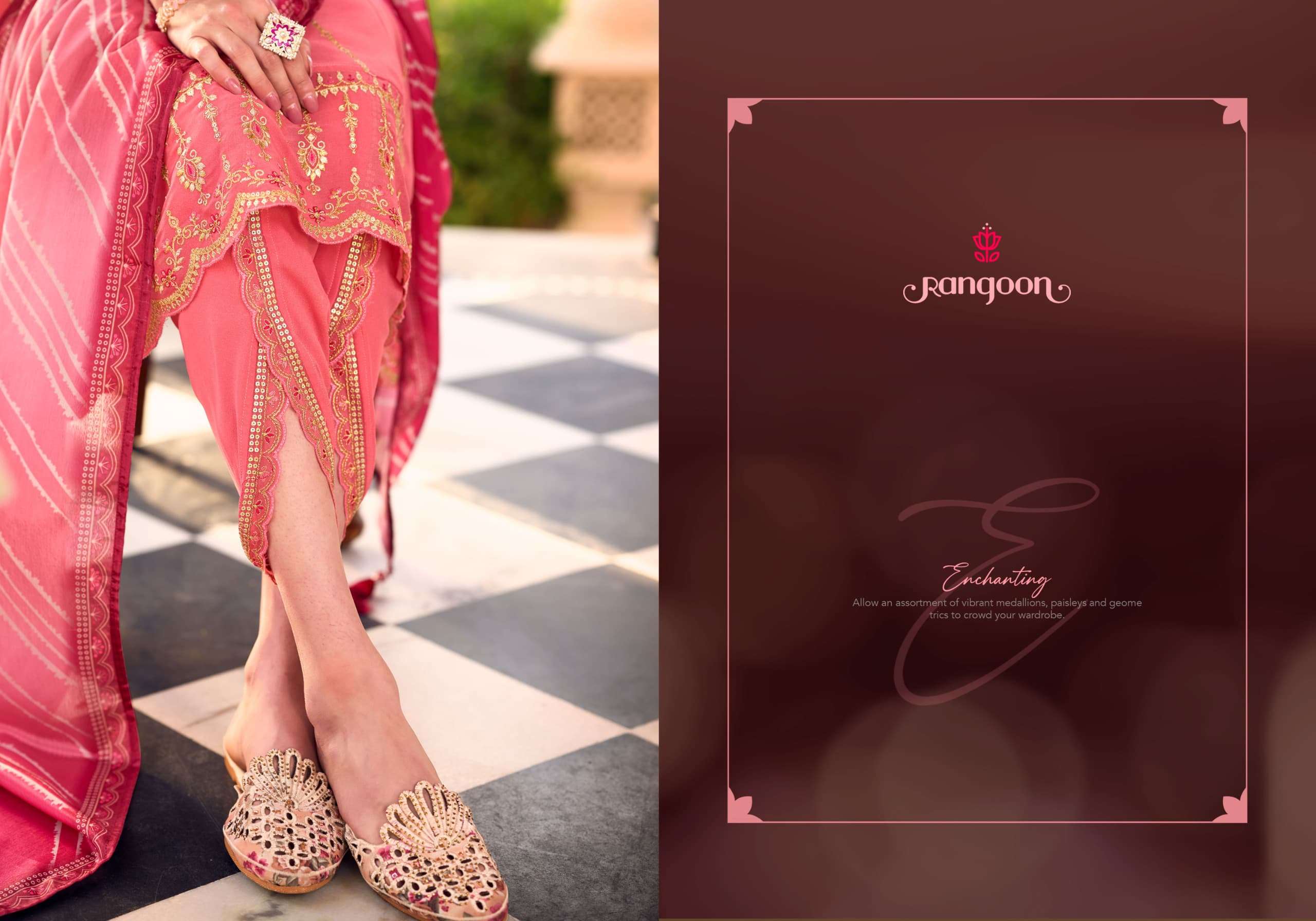 NOOR BY RANGOON IN GEORGETTE TULIP STYLE FANCY WORK KALI & KHATI HANDWORK MIRROR & FILL INNER