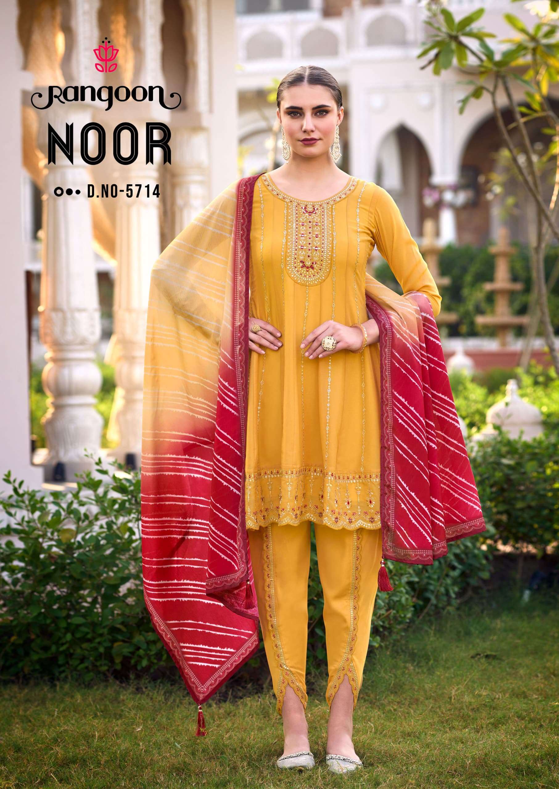 NOOR BY RANGOON IN GEORGETTE TULIP STYLE FANCY WORK KALI & KHATI HANDWORK MIRROR & FILL INNER