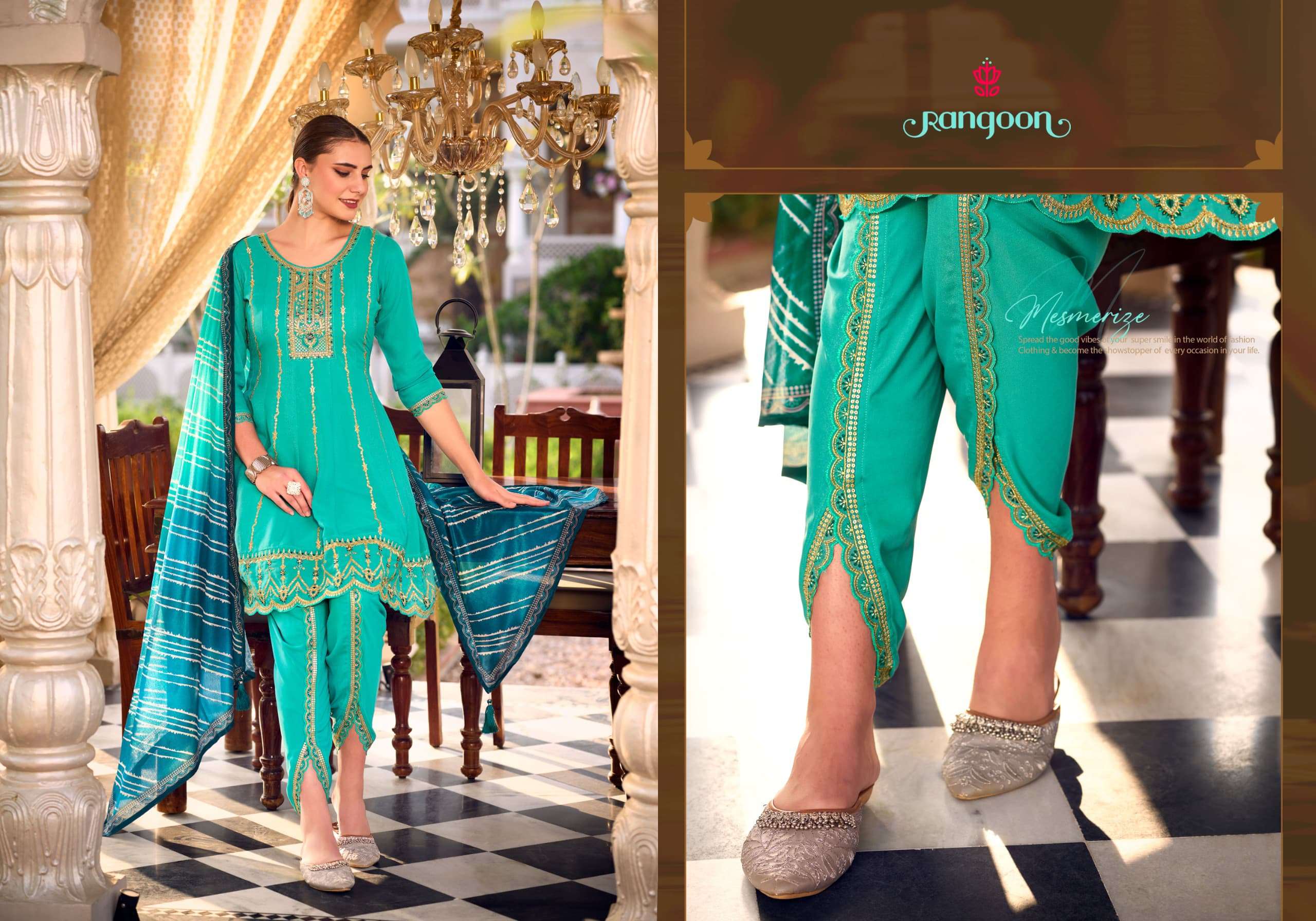 NOOR BY RANGOON IN GEORGETTE TULIP STYLE FANCY WORK KALI & KHATI HANDWORK MIRROR & FILL INNER