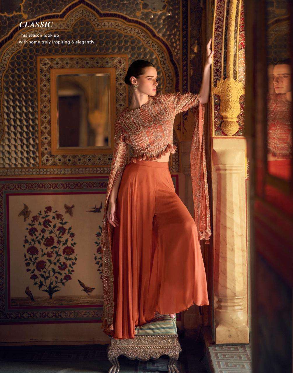 RUCHIKA BY SAYURI DESIGNER IN REAL CHINON SILK FRONT AND BACK EMBROIDERED TOP WITH PLAZZO