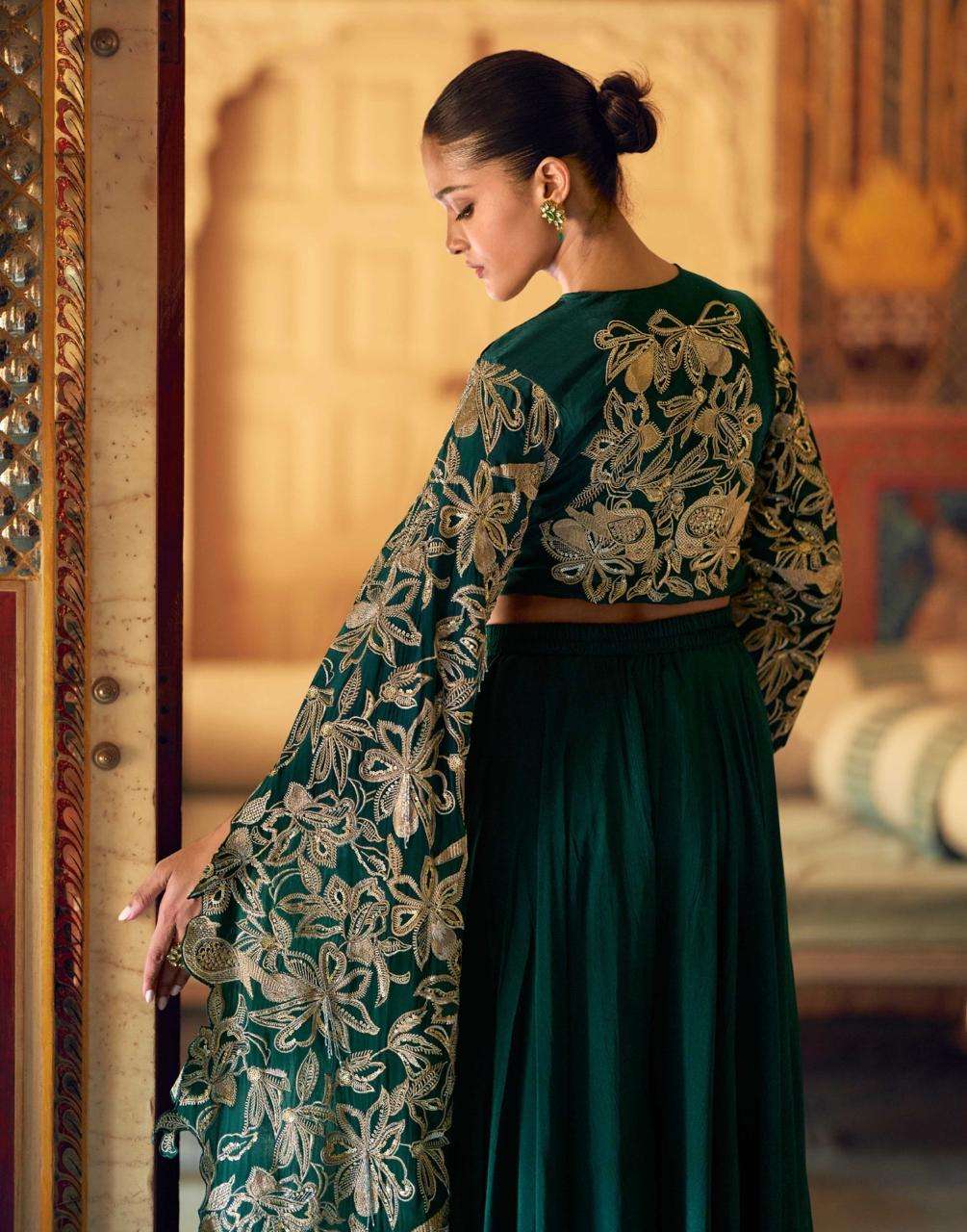 RUCHIKA BY SAYURI DESIGNER IN REAL CHINON SILK FRONT AND BACK EMBROIDERED TOP WITH PLAZZO