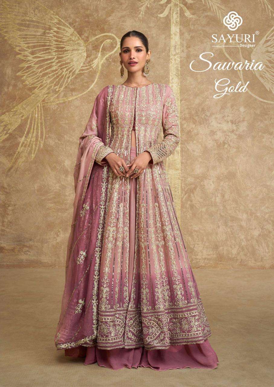 SAWARIA GOLD BY SAYURI DESIGNER IN PREMIUM REAL GEROGETTE WITH HEAVY EMBROIDERED