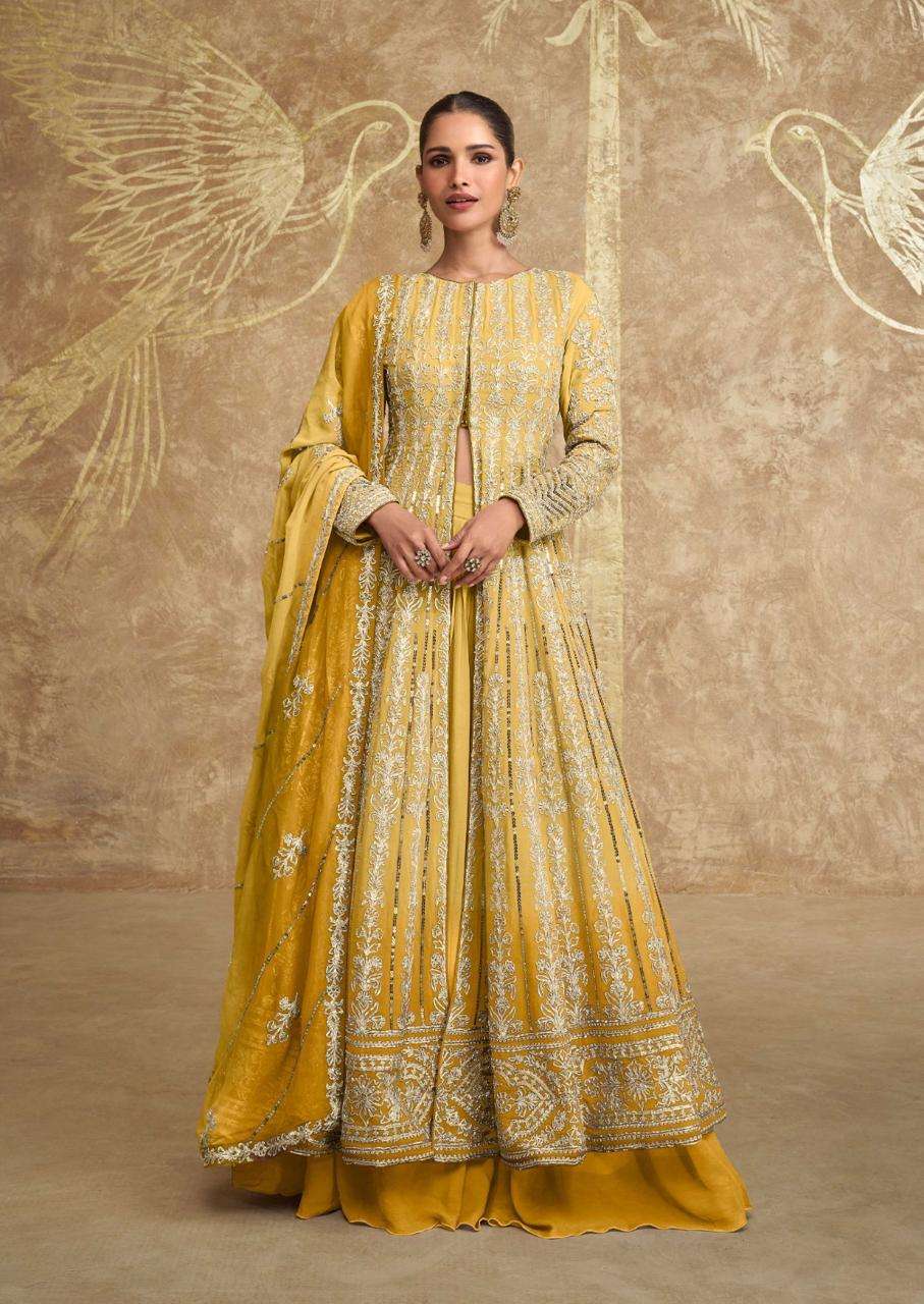 SAWARIA GOLD BY SAYURI DESIGNER IN PREMIUM REAL GEROGETTE WITH HEAVY EMBROIDERED