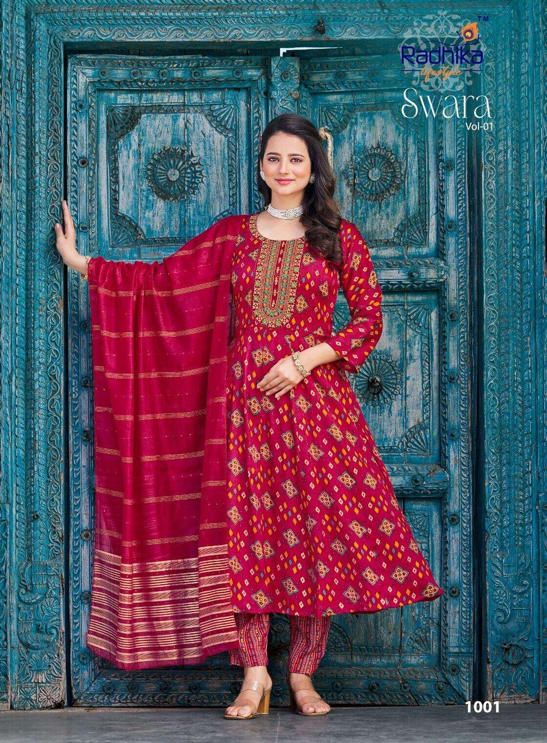 SWARA VOL-1 BY RADHIKA LIFE STYLE IN REYON TWO TONE FOIL PRINT WITH WORK 