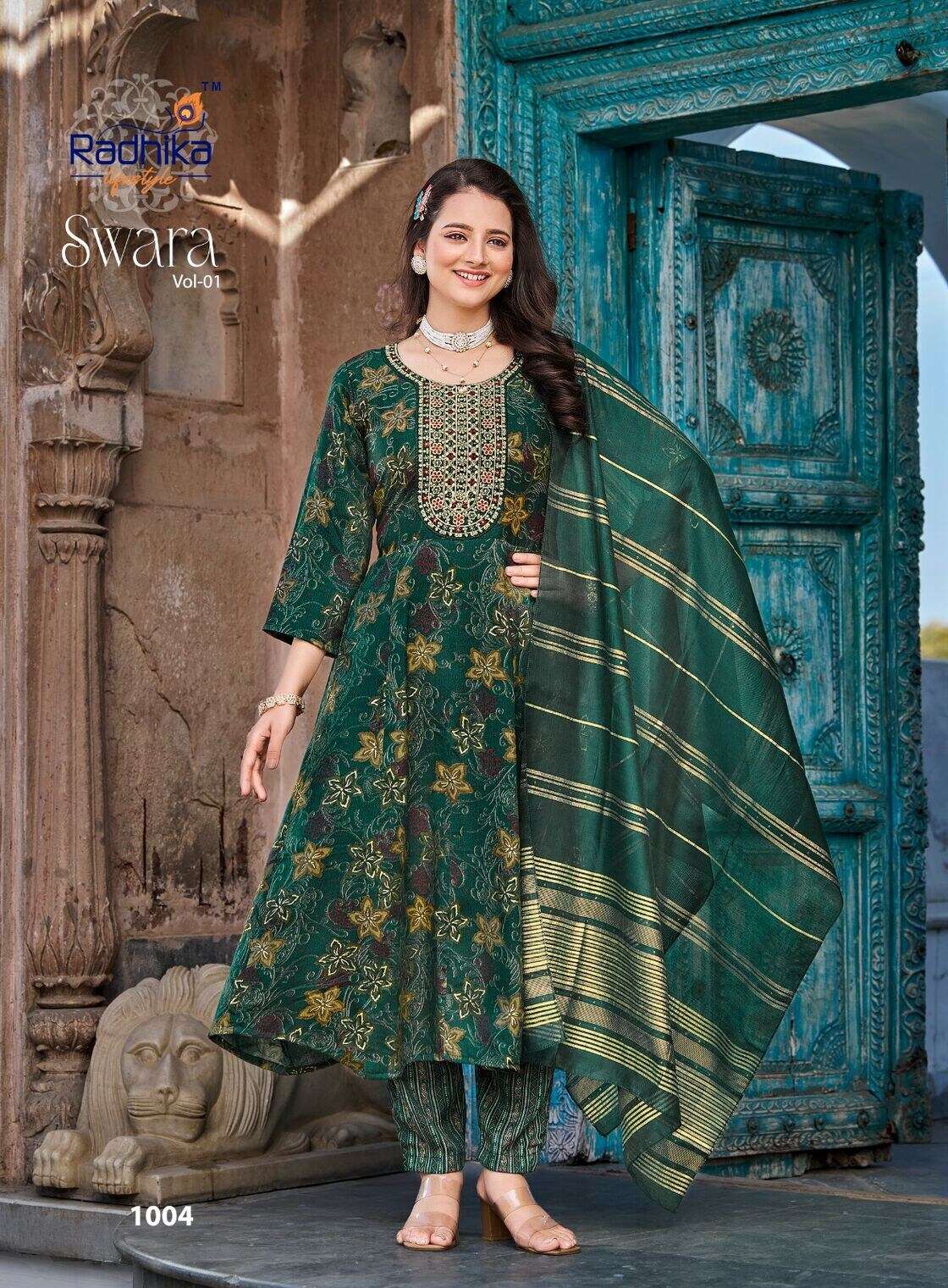 SWARA VOL-1 BY RADHIKA LIFE STYLE IN REYON TWO TONE FOIL PRINT WITH WORK 