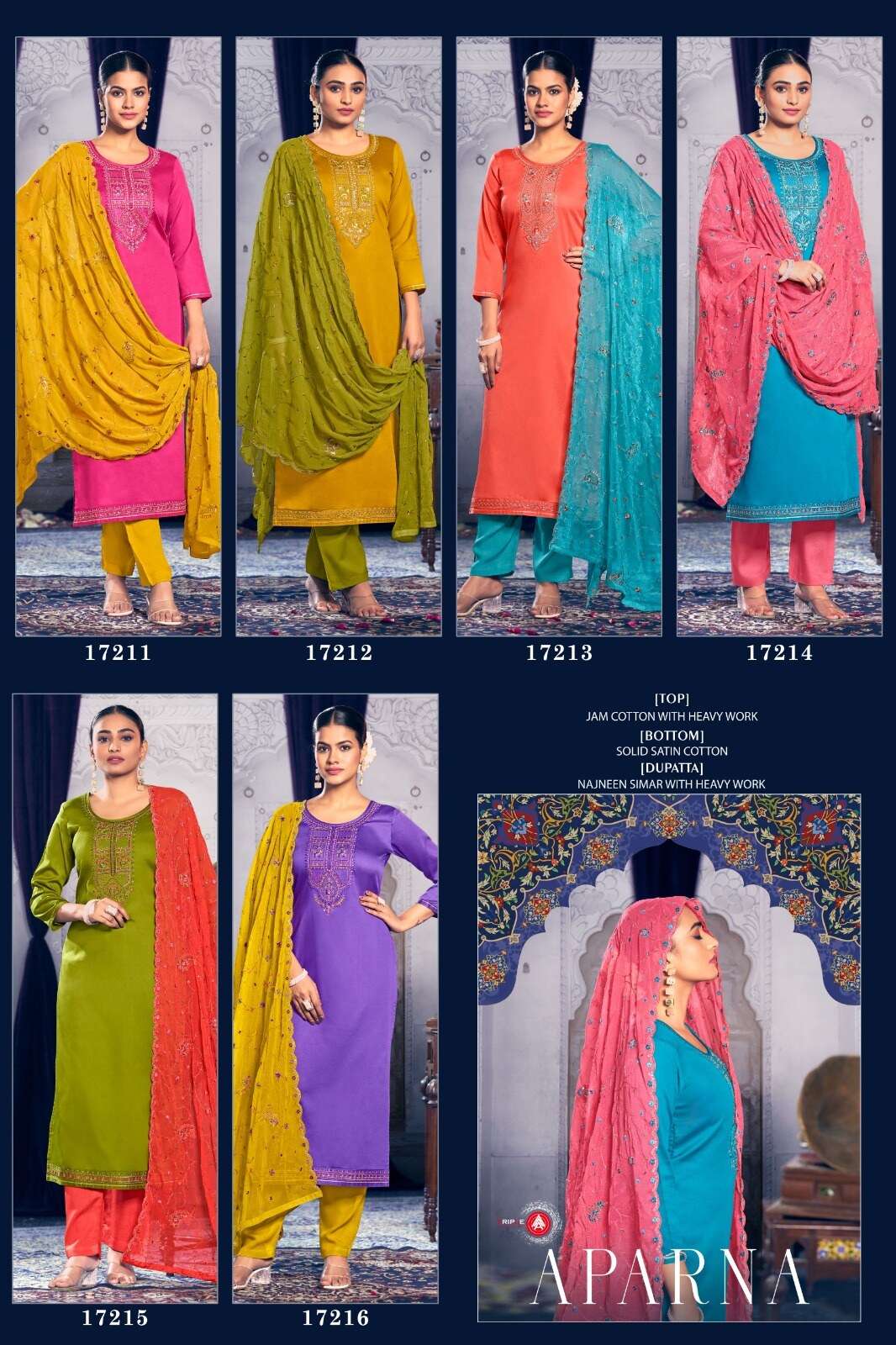 APARNA BY TRIPLE IN JAM COTTON WITH HEAVY WORK AND NAZNEEN SIMMER DUPATTA