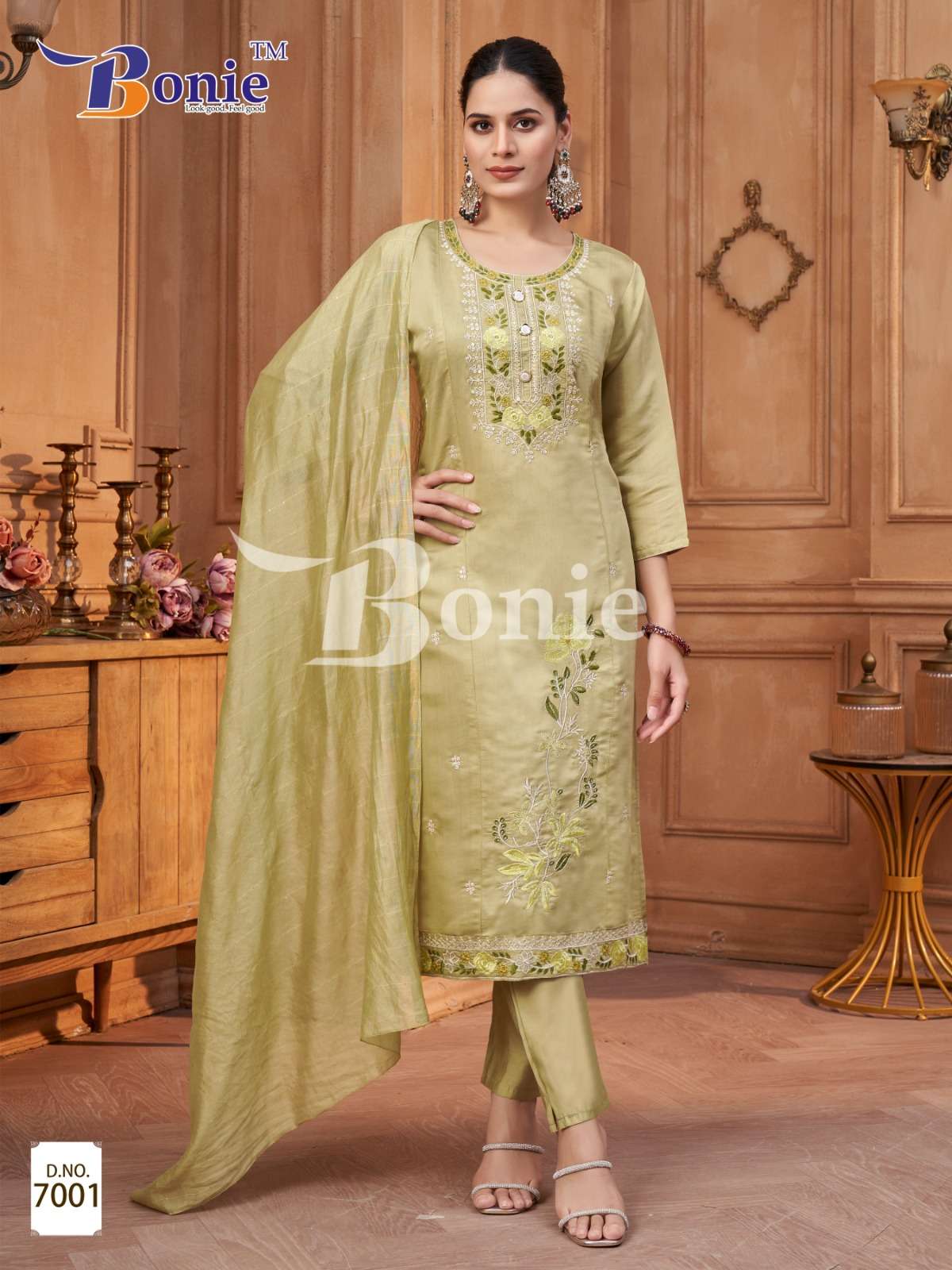 CHAVI VOL-7 BY BONIE BRAND KURTI PANT DUPATTA IN ROMAN SILK WITH EMBROIDERY WORK