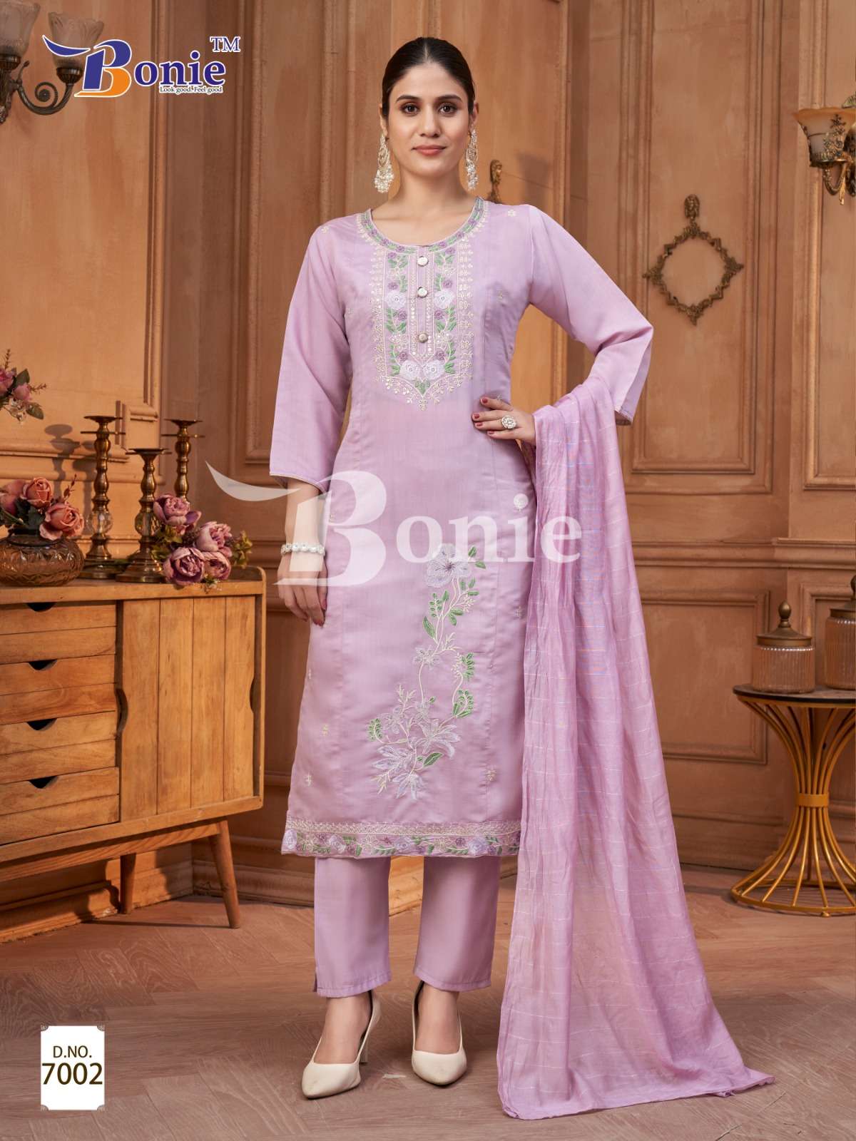 CHAVI VOL-7 BY BONIE BRAND KURTI PANT DUPATTA IN ROMAN SILK WITH EMBROIDERY WORK