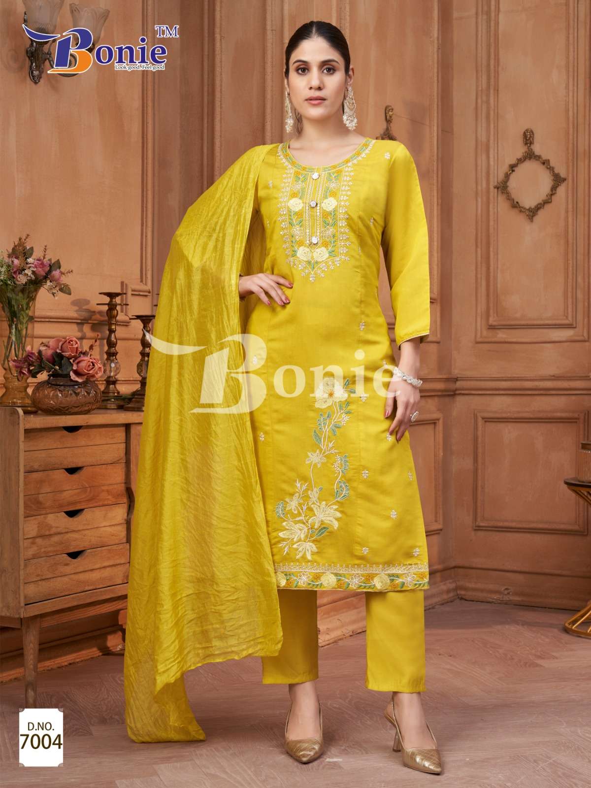CHAVI VOL-7 BY BONIE BRAND KURTI PANT DUPATTA IN ROMAN SILK WITH EMBROIDERY WORK