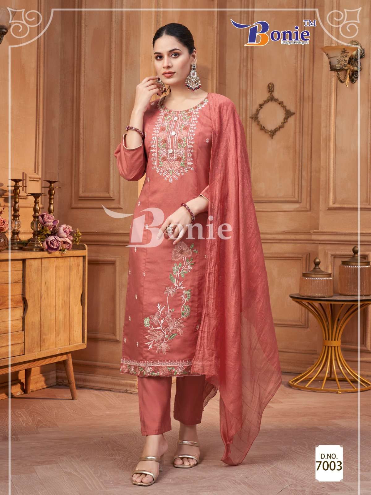 CHAVI VOL-7 BY BONIE BRAND KURTI PANT DUPATTA IN ROMAN SILK WITH EMBROIDERY WORK
