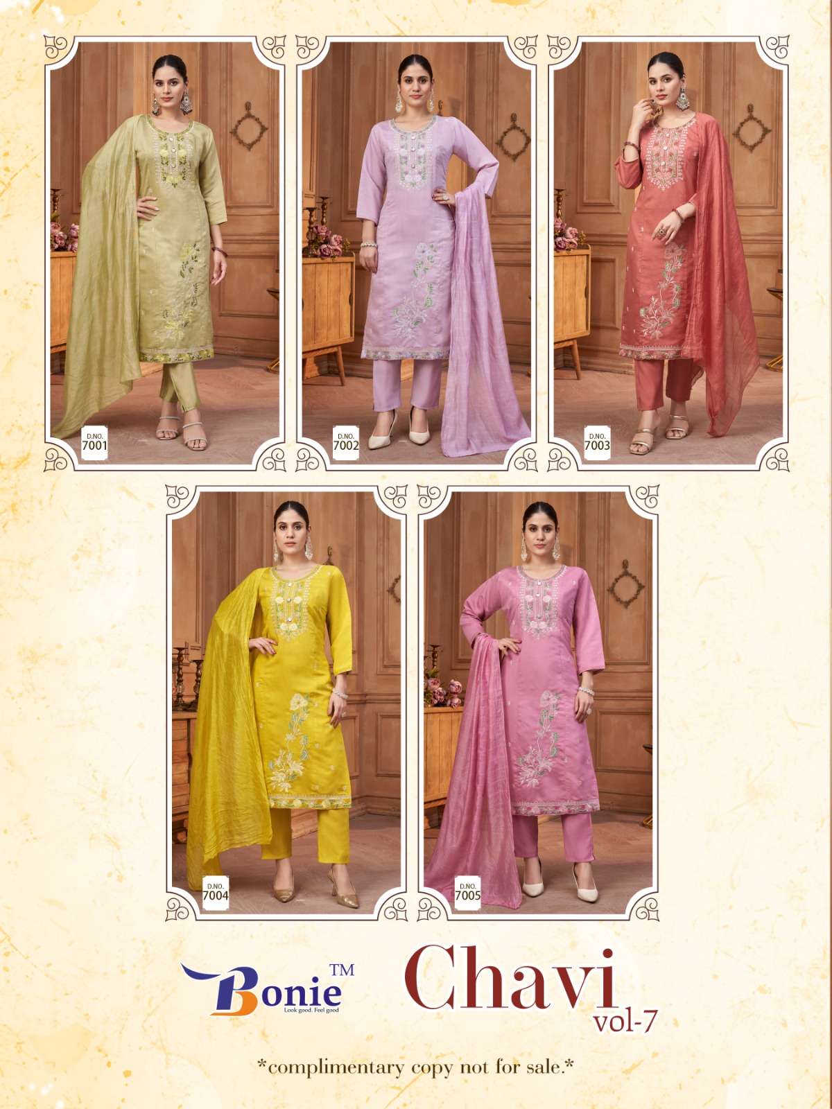 CHAVI VOL-7 BY BONIE BRAND KURTI PANT DUPATTA IN ROMAN SILK WITH EMBROIDERY WORK