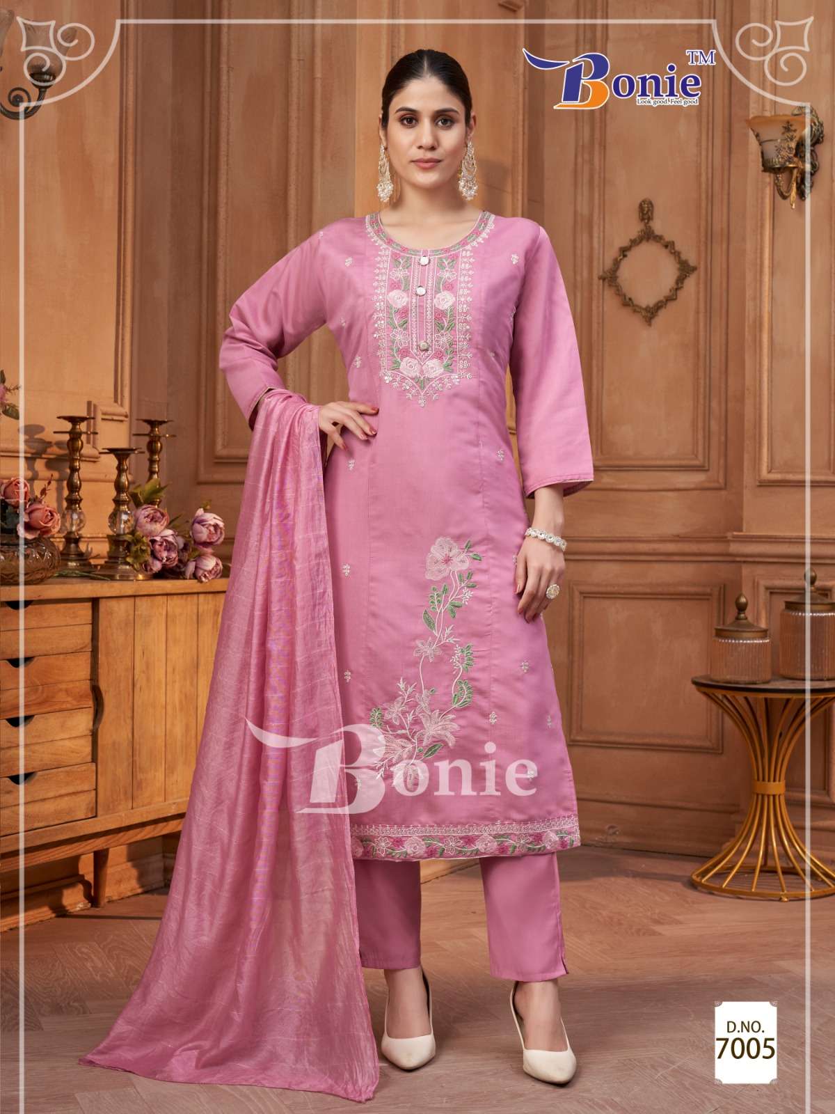 CHAVI VOL-7 BY BONIE BRAND KURTI PANT DUPATTA IN ROMAN SILK WITH EMBROIDERY WORK