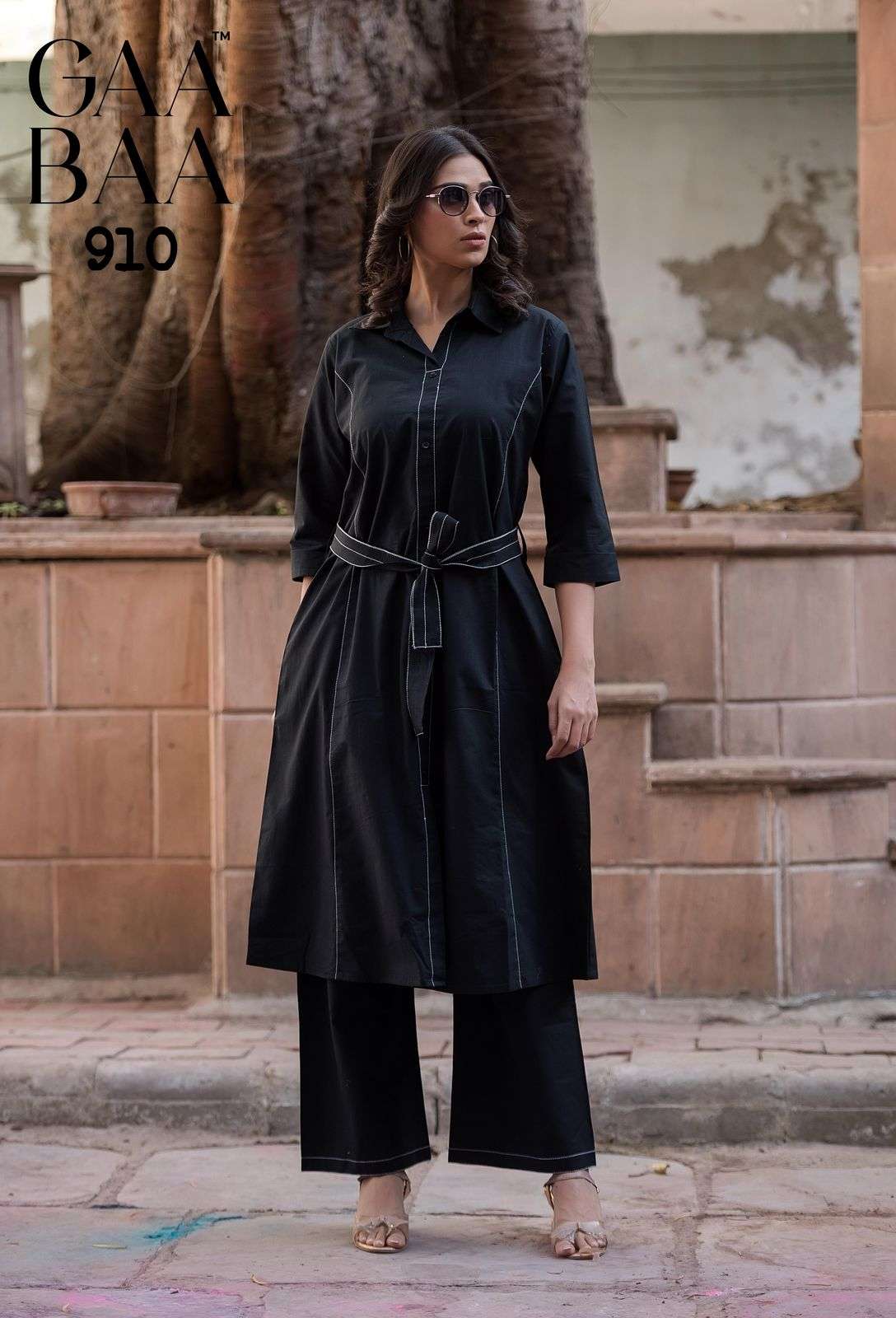 D.NO:- 910 BY GAABAA IN COTTON DHABU PLAIN CO-ORD SET WITH ANCHOR STITCH & WAIST BELT