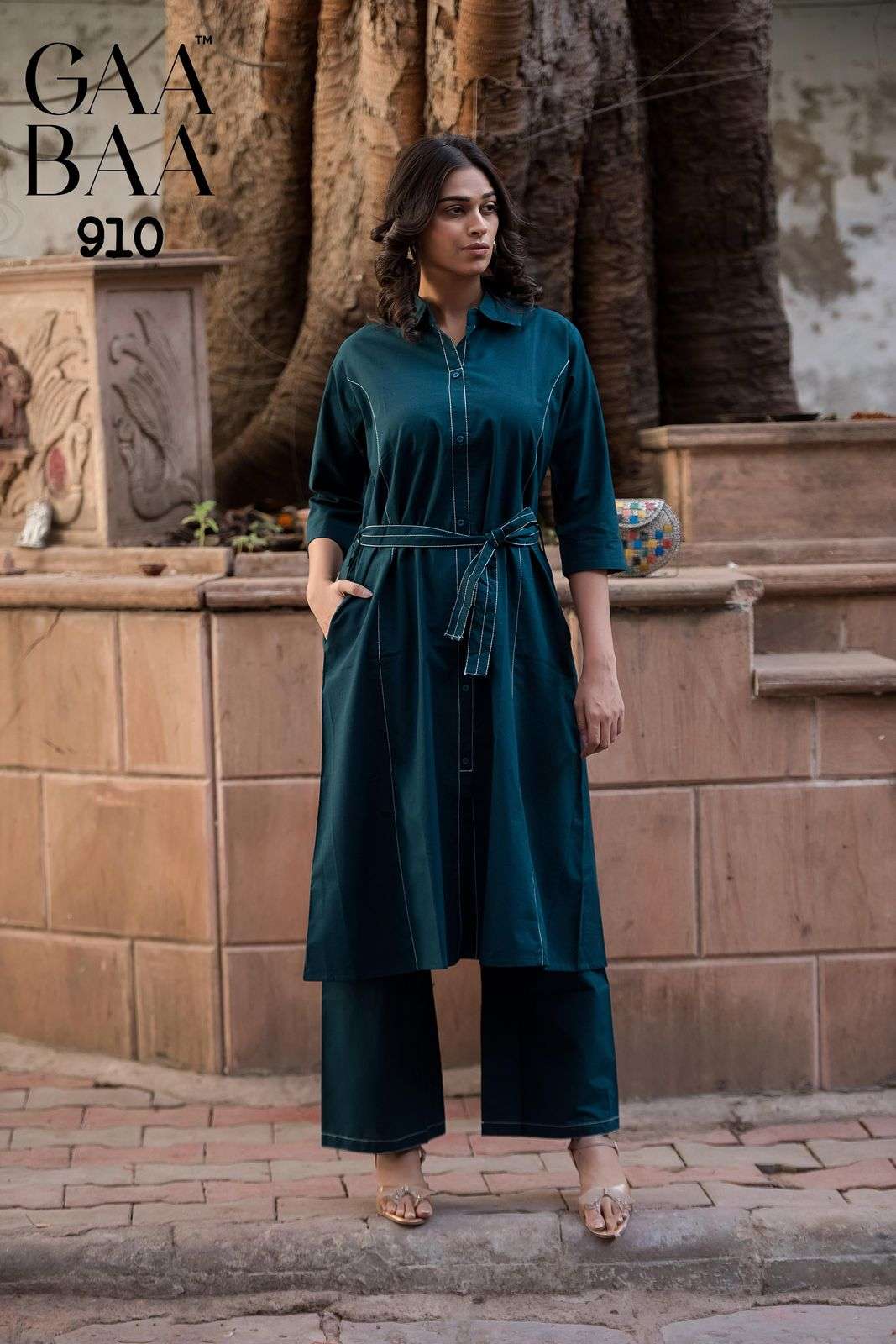 D.NO:- 910 BY GAABAA IN COTTON DHABU PLAIN CO-ORD SET WITH ANCHOR STITCH & WAIST BELT