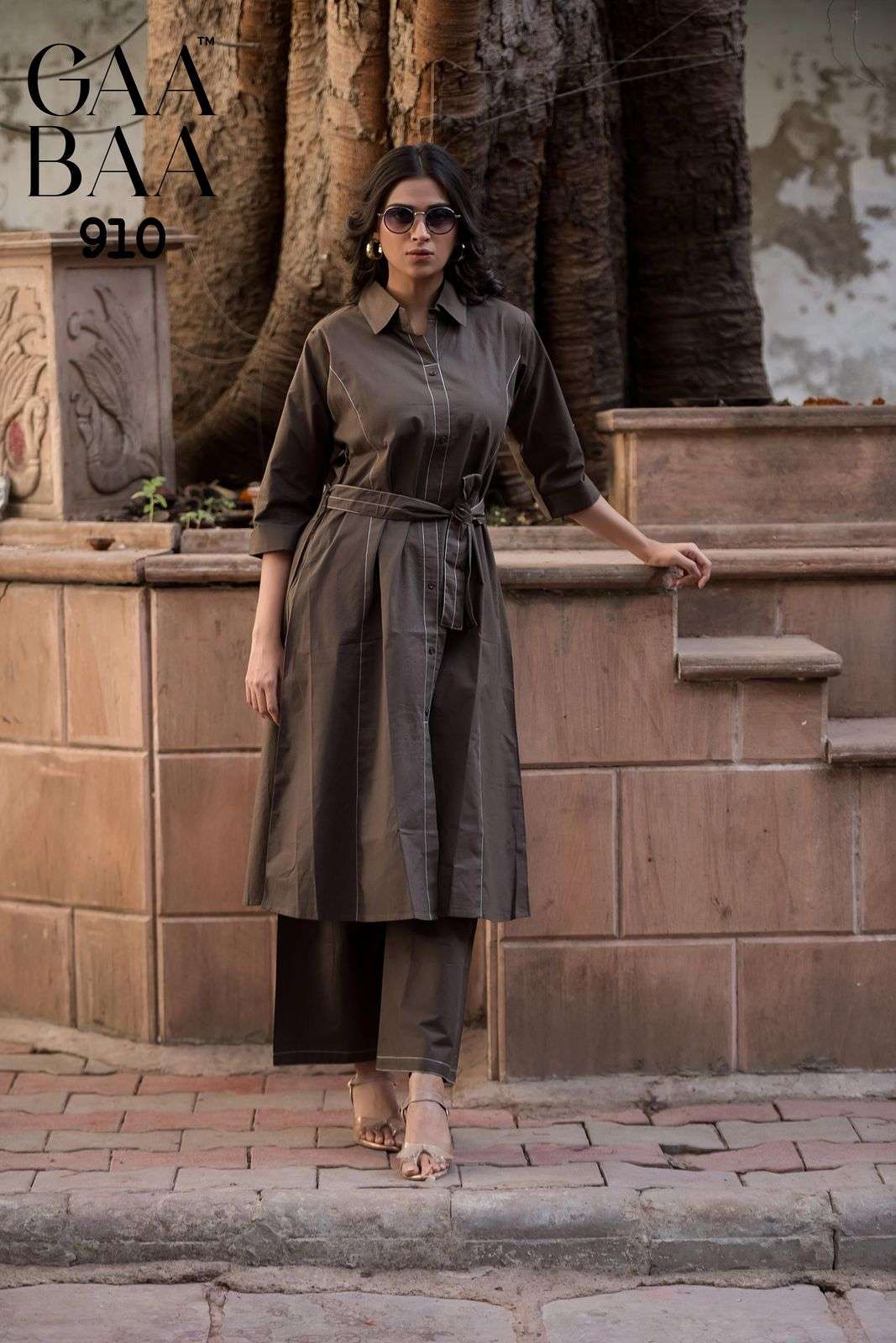 D.NO:- 910 BY GAABAA IN COTTON DHABU PLAIN CO-ORD SET WITH ANCHOR STITCH & WAIST BELT