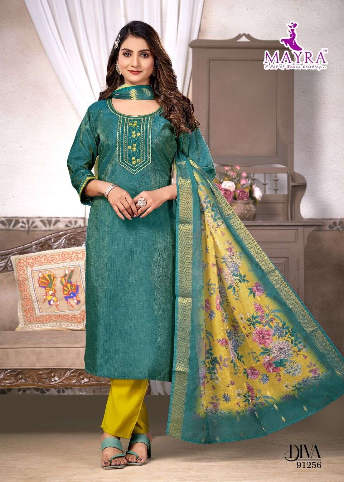 DIVA BY MAYRA FASHION IN VERTICAN SIMMER WITH SEQUENCE EMBROIDERY TIE AND BUTTI WORK