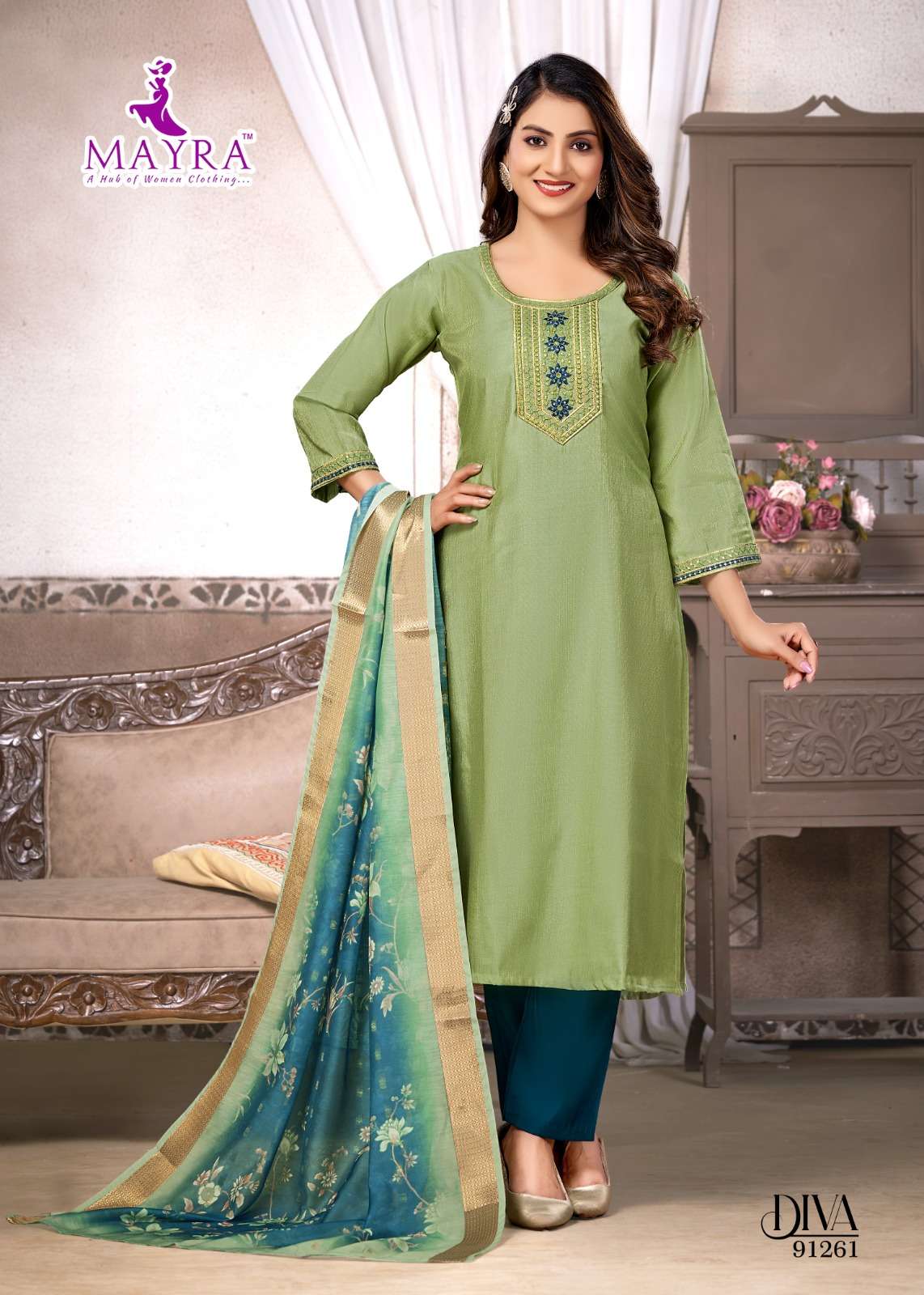 DIVA BY MAYRA FASHION IN VERTICAN SIMMER WITH SEQUENCE EMBROIDERY TIE AND BUTTI WORK