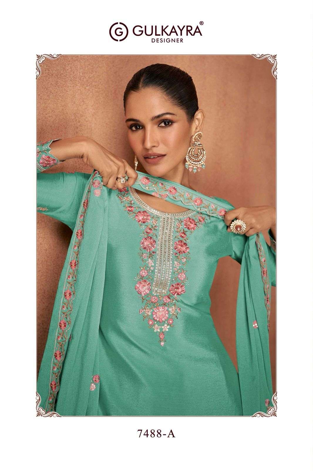 ELVIRA BY GULKAYRA DESIGNER IN REAL CHINON SILK WITH EMBROIDERY TOP PLAZOO AND DUPATTA