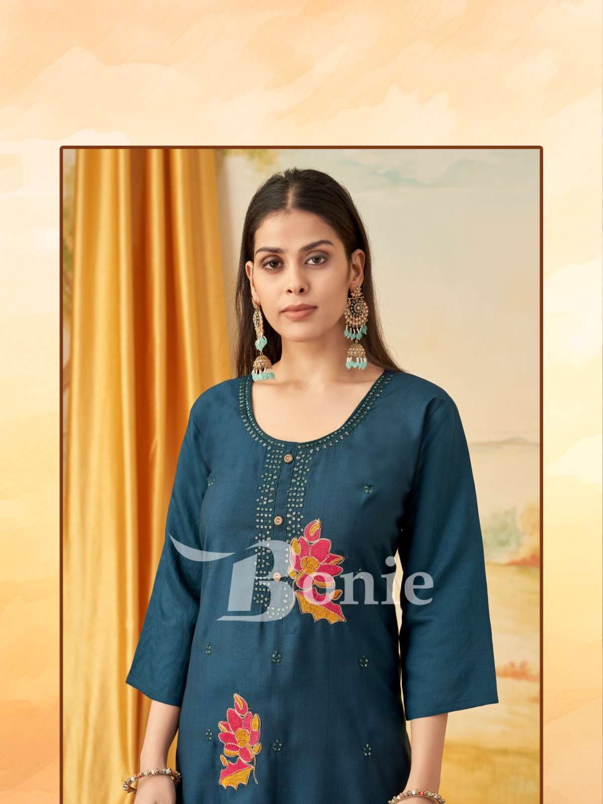 KALKI BY BONIE BRAND IN VERTIGAN APLIC WORK KURTIES REDYMADE CATALOGUE