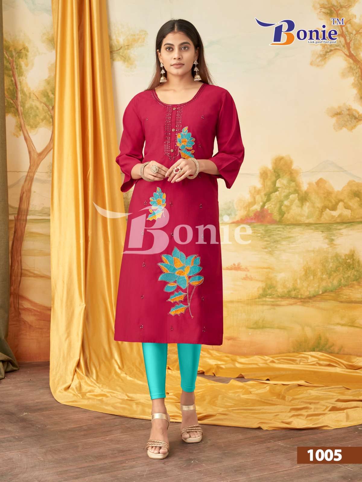 KALKI BY BONIE BRAND IN VERTIGAN APLIC WORK KURTIES REDYMADE CATALOGUE