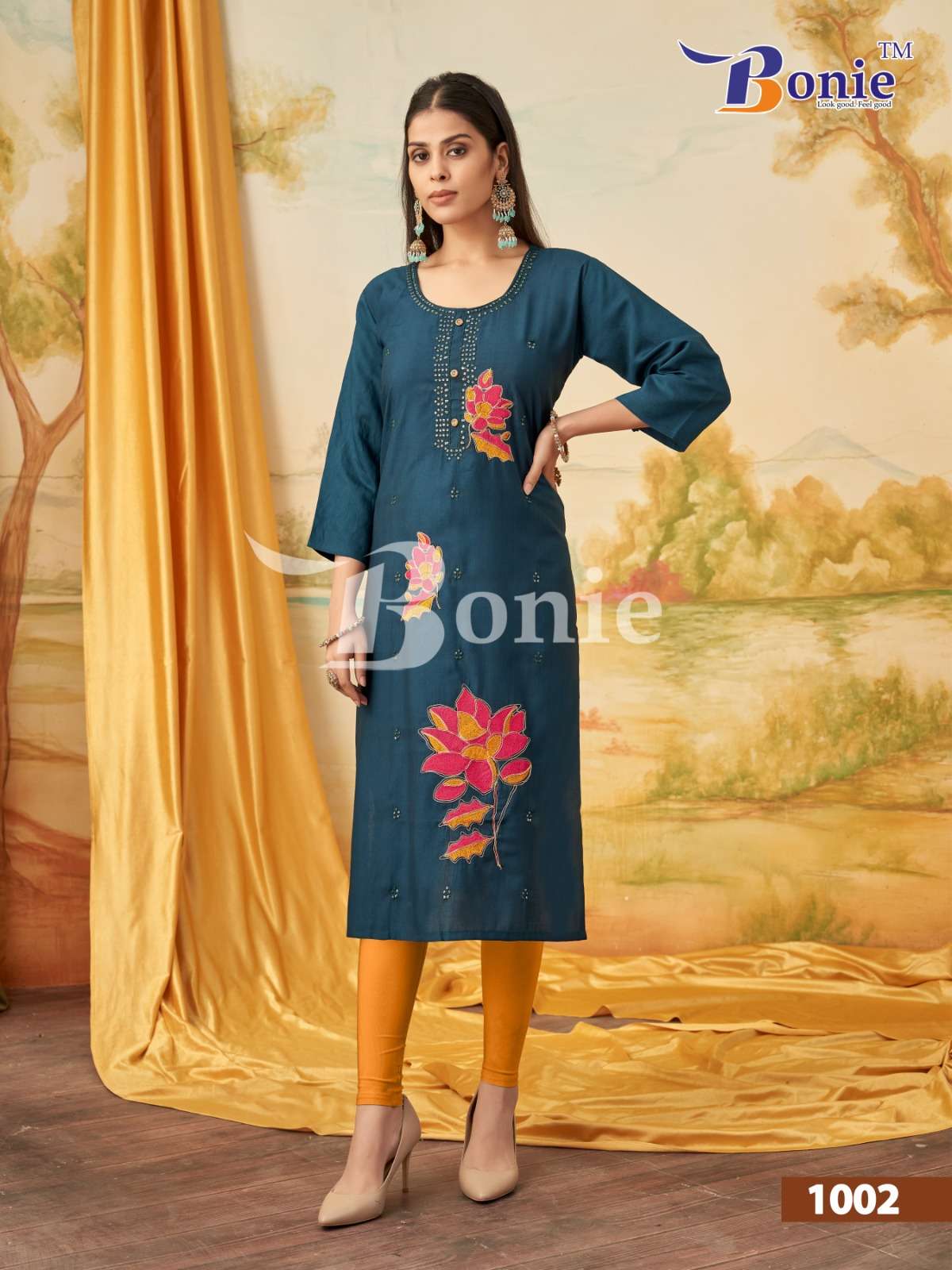 KALKI BY BONIE BRAND IN VERTIGAN APLIC WORK KURTIES REDYMADE CATALOGUE