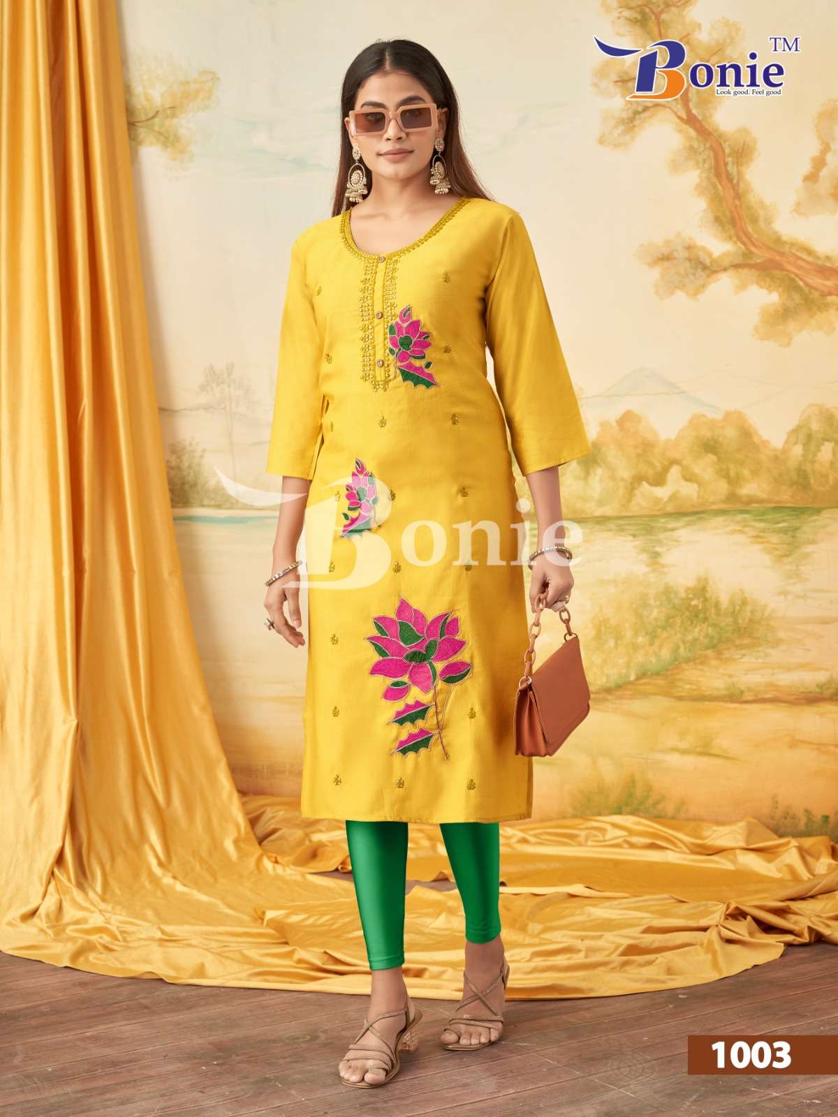 KALKI BY BONIE BRAND IN VERTIGAN APLIC WORK KURTIES REDYMADE CATALOGUE