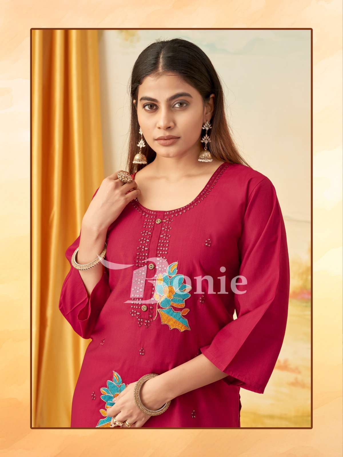KALKI BY BONIE BRAND IN VERTIGAN APLIC WORK KURTIES REDYMADE CATALOGUE
