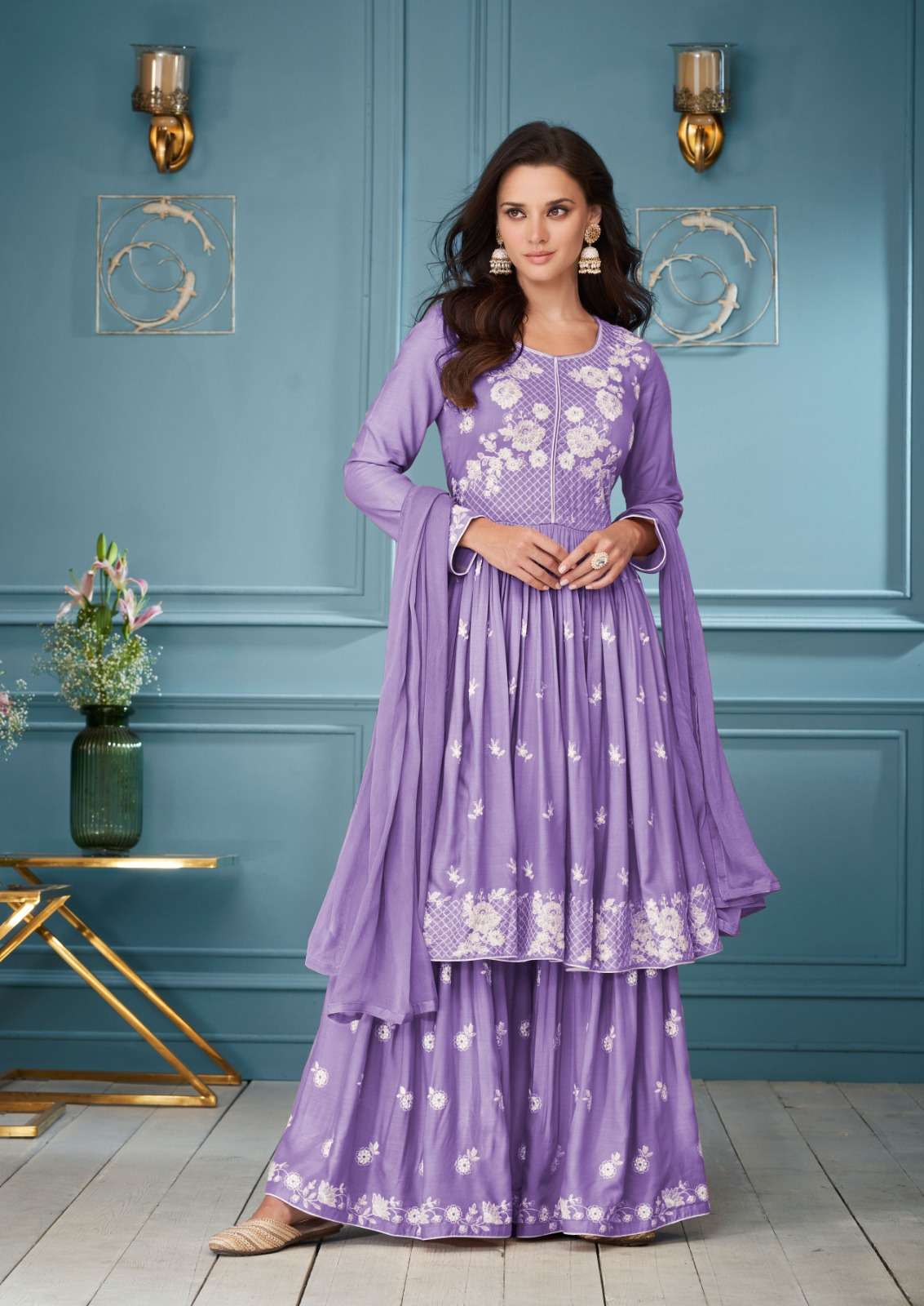 LAKHNAVI VOL-3 HIT LIST BY VAMIKA RAYON EMBROIDERY WHITE THREAD WORK KURTI PLAZO WITH DUPATTA 