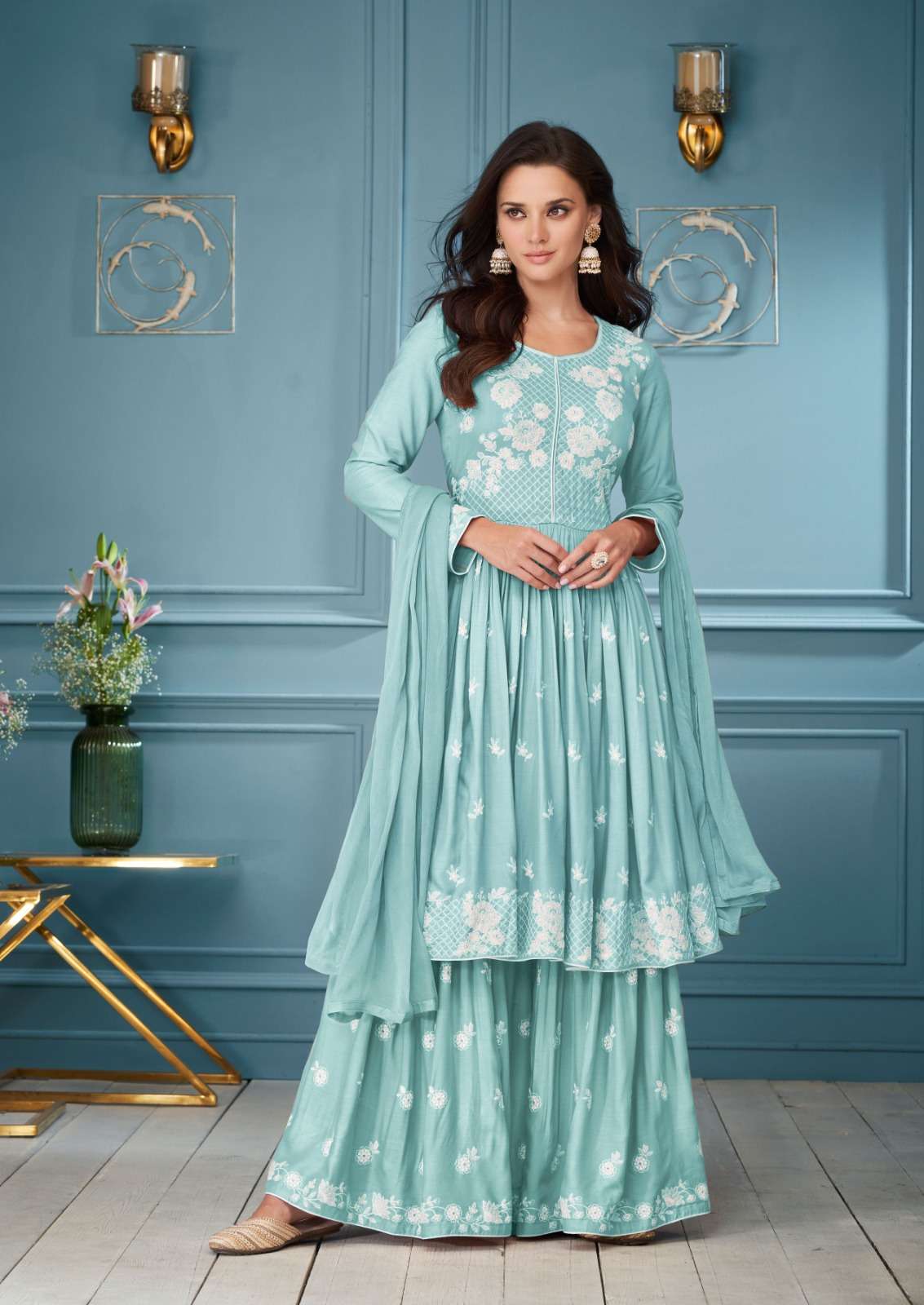 LAKHNAVI VOL-3 HIT LIST BY VAMIKA RAYON EMBROIDERY WHITE THREAD WORK KURTI PLAZO WITH DUPATTA 
