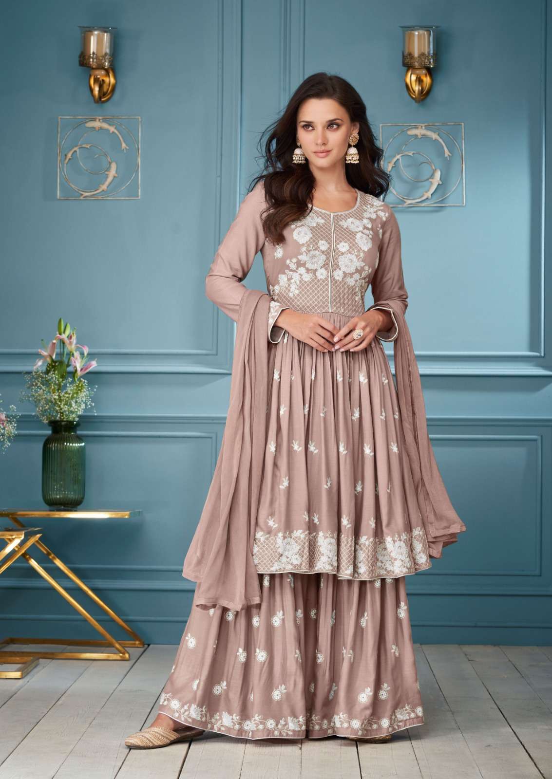 LAKHNAVI VOL-3 HIT LIST BY VAMIKA RAYON EMBROIDERY WHITE THREAD WORK KURTI PLAZO WITH DUPATTA 