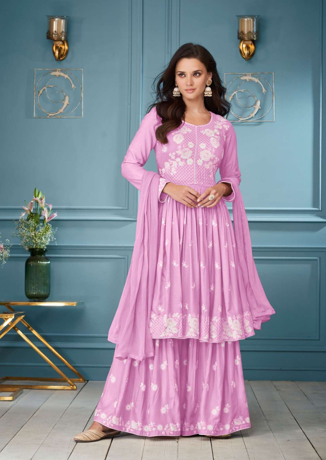 LAKHNAVI VOL-3 HIT LIST BY VAMIKA RAYON EMBROIDERY WHITE THREAD WORK KURTI PLAZO WITH DUPATTA 