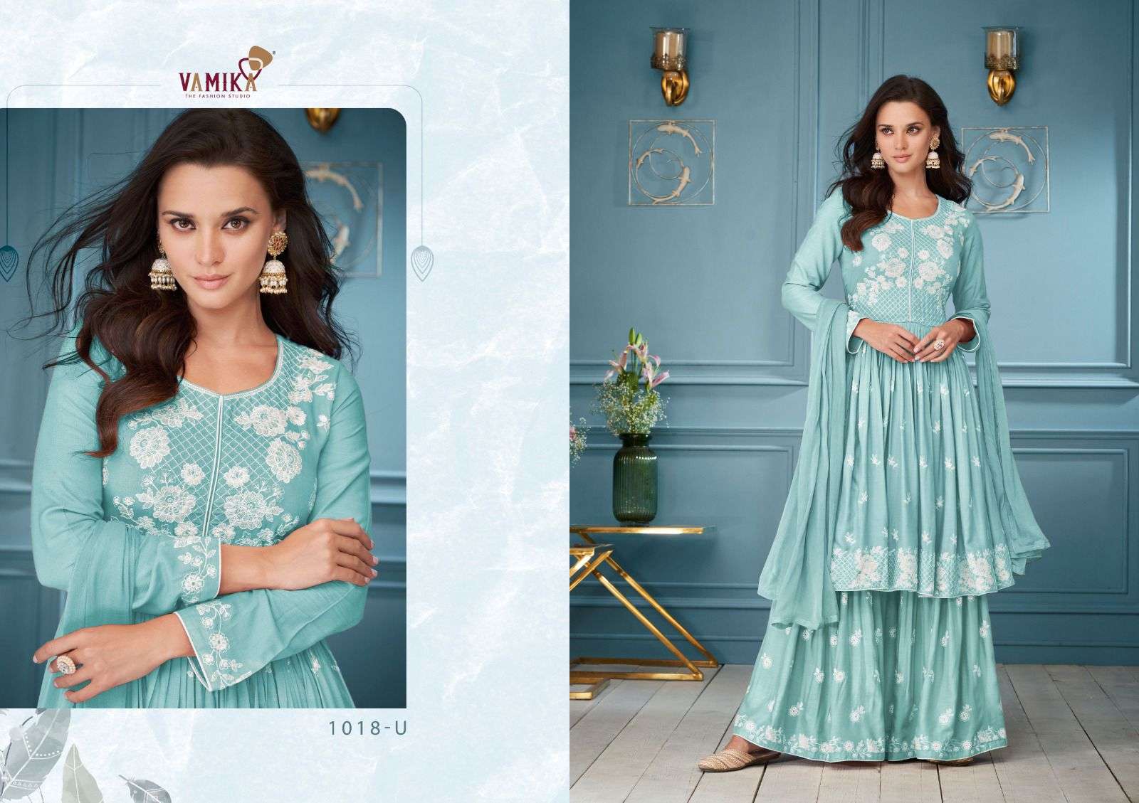 LAKHNAVI VOL-3 HIT LIST BY VAMIKA RAYON EMBROIDERY WHITE THREAD WORK KURTI PLAZO WITH DUPATTA 