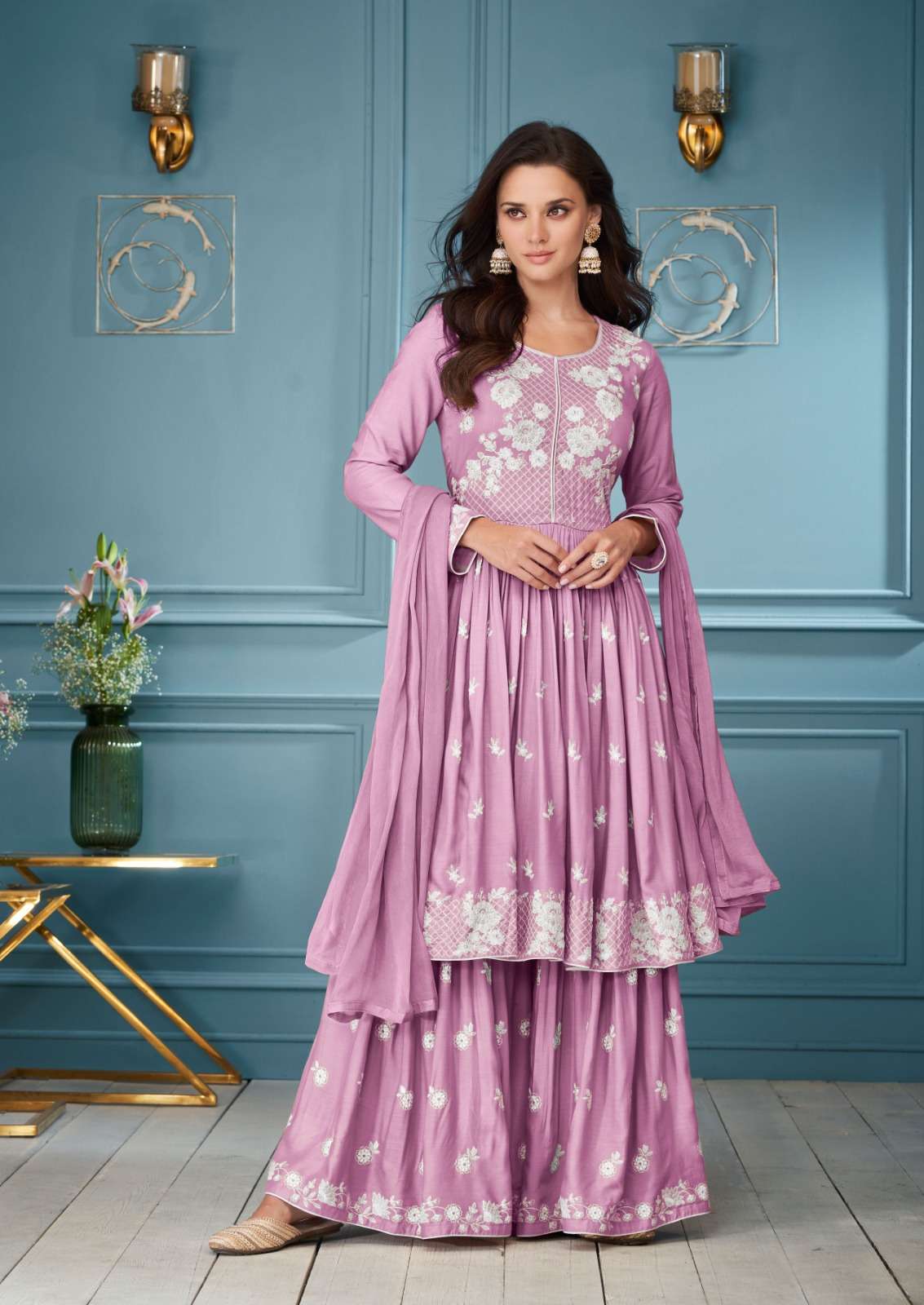 LAKHNAVI VOL-3 HIT LIST BY VAMIKA RAYON EMBROIDERY WHITE THREAD WORK KURTI PLAZO WITH DUPATTA 