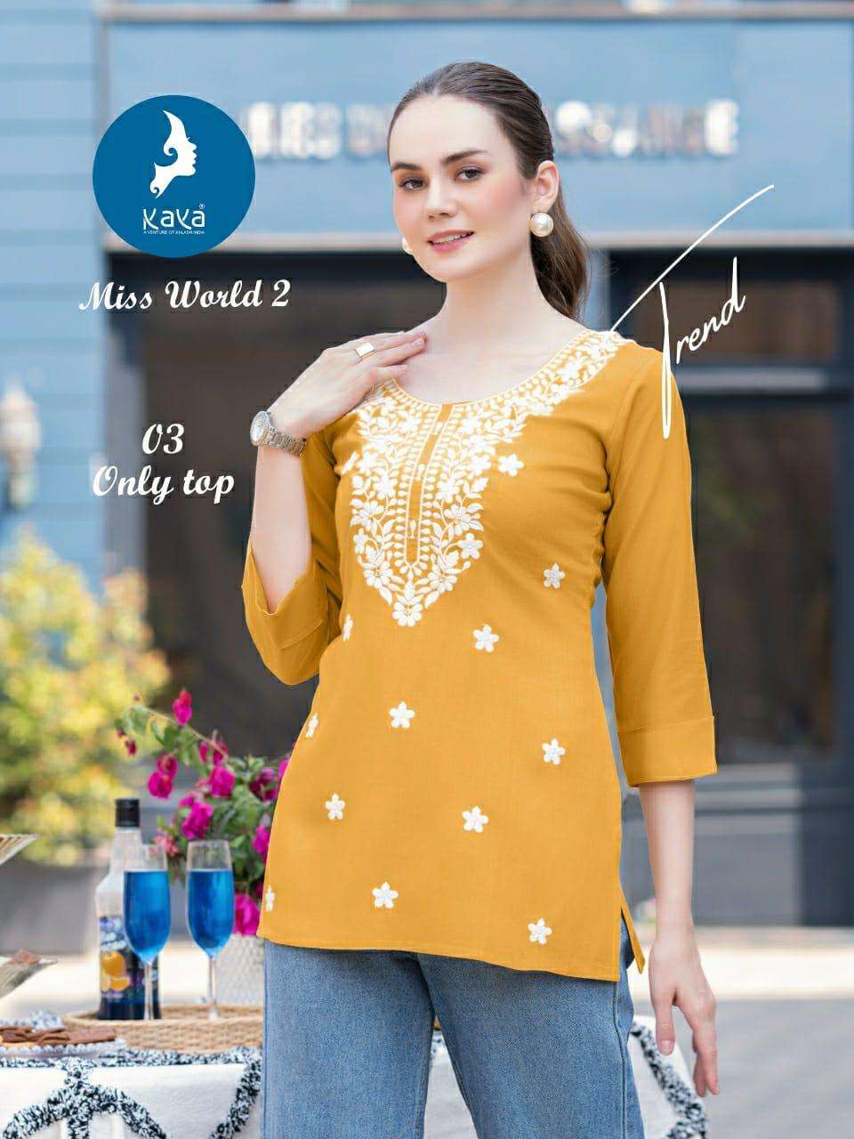 MISS WORLD 2 BY KAYA KURTI IN REYON ONLY SHORT TOP WITH SUPER QUALITY FABRICS 